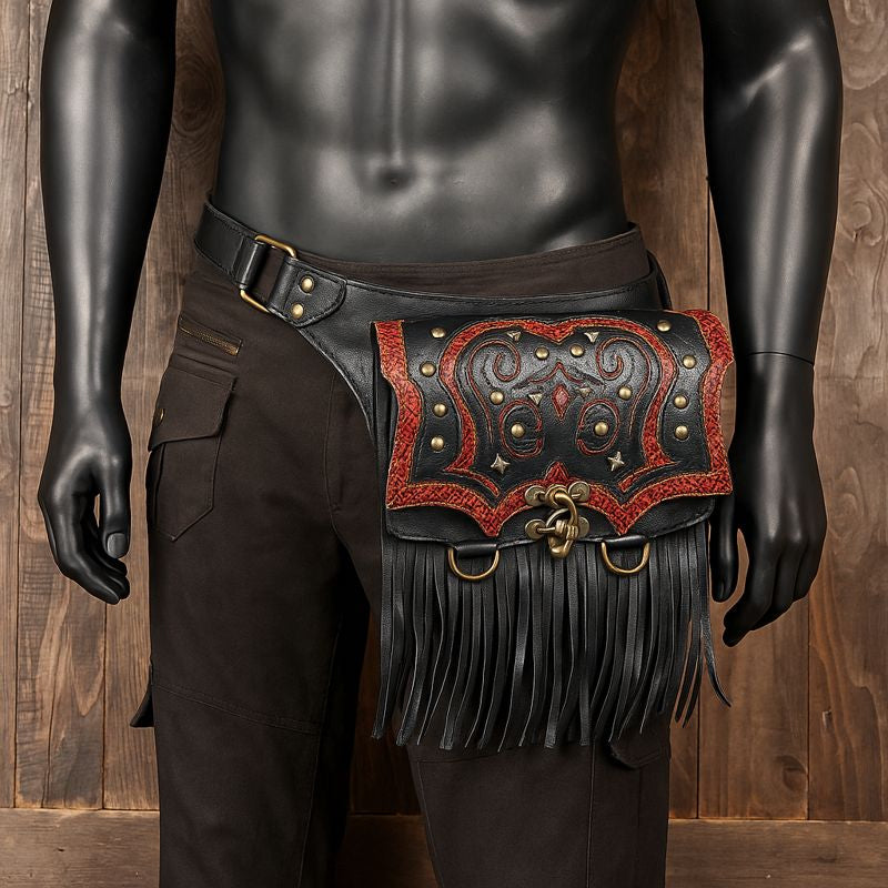 Leather waist belt with adjustable strap, fringe, and decorative stud accents
