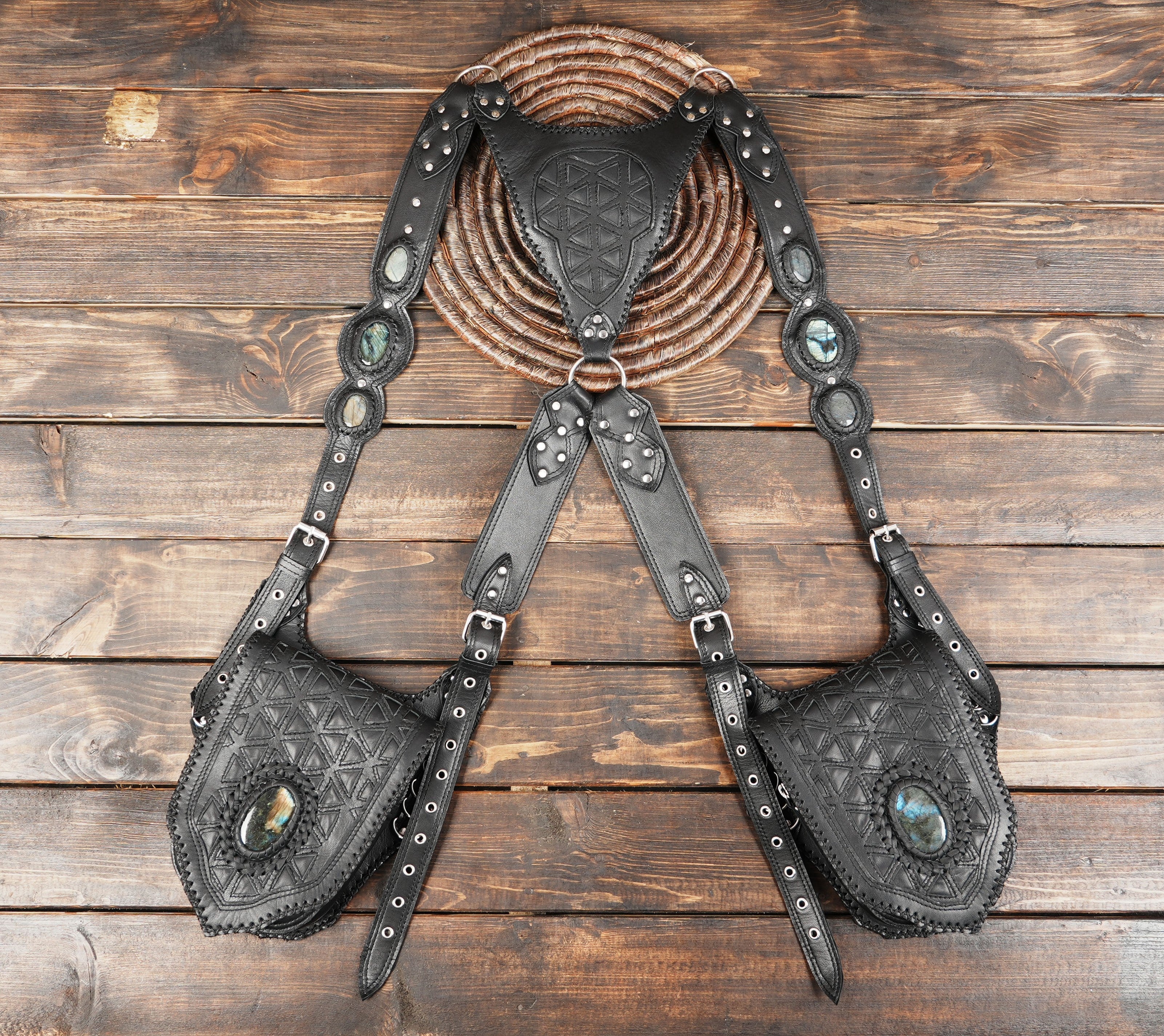 Handcrafted gothic black leather double holster bag with gemstone inlays