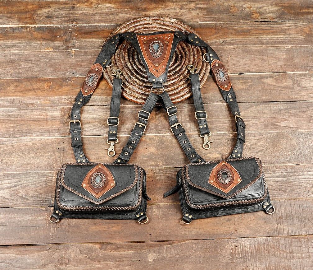 Handmade black leather harness bag with gemstone center and dual pouches