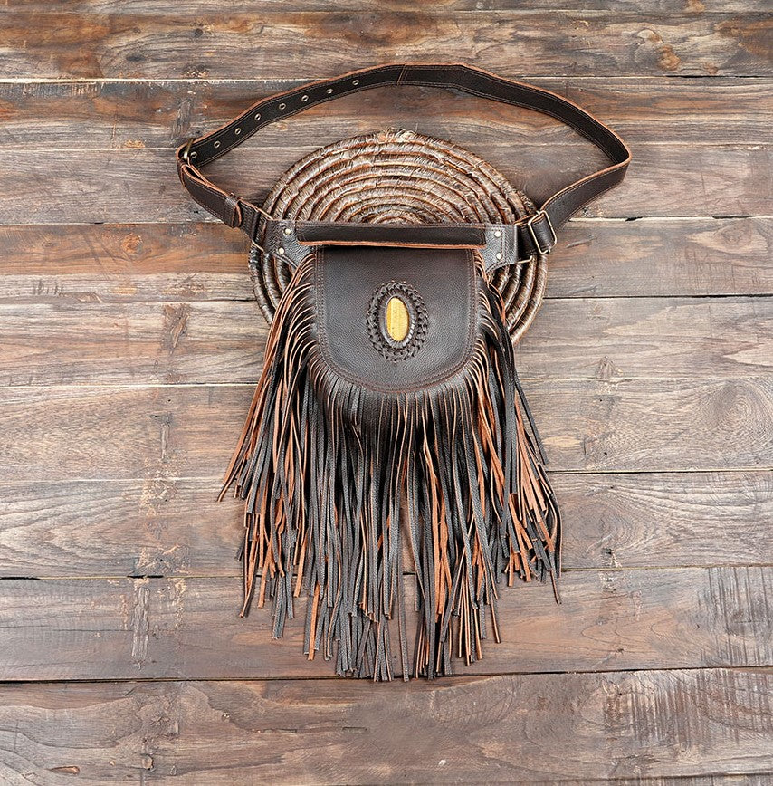 Handmade leather fringe waist belt bag with Tiger Eye gemstone