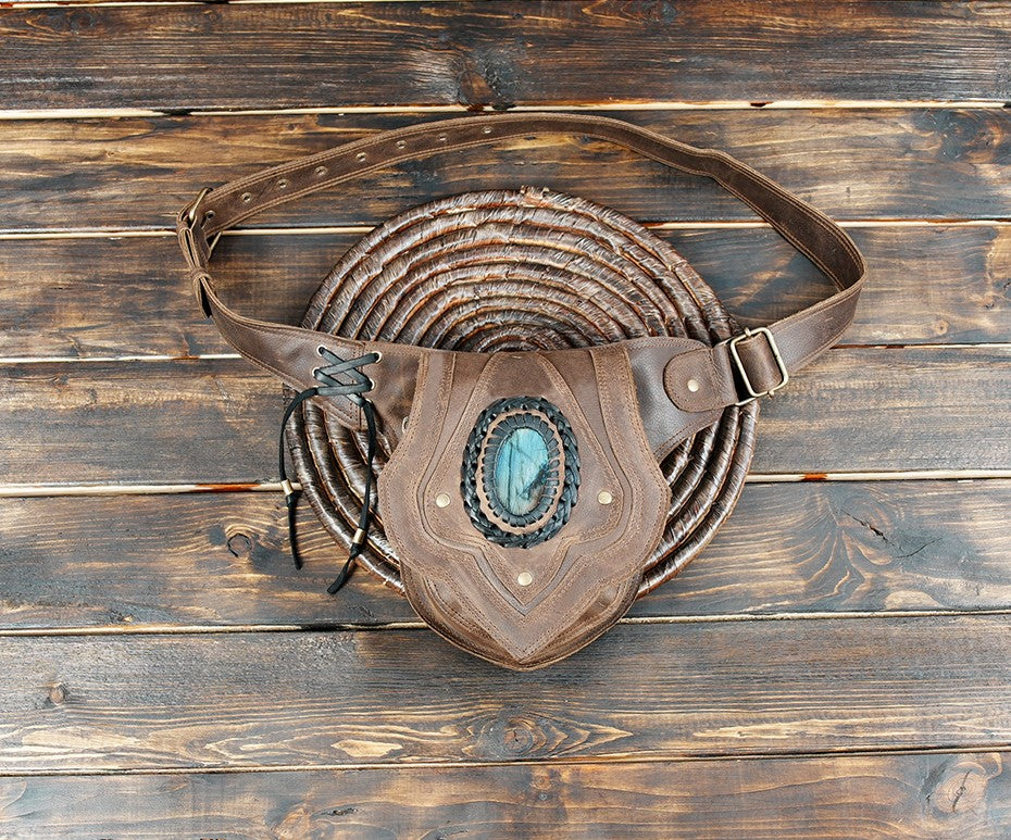 Hand-stitched leather belt bag with gemstone and secure zipper