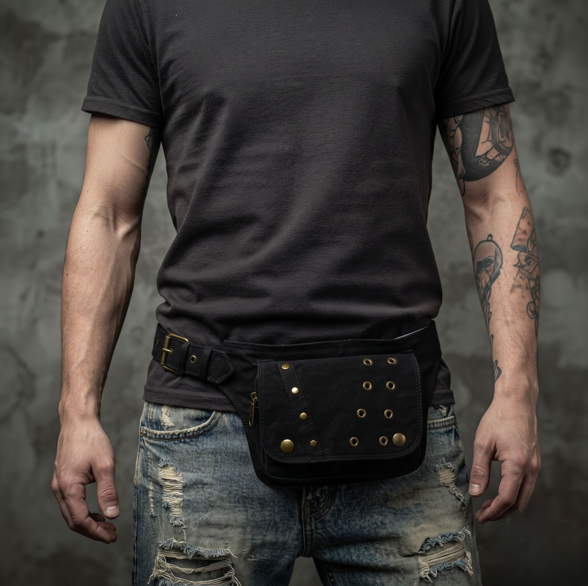 Black cotton waist pack with adjustable belt and utility front pouch for festivals and everyday wear