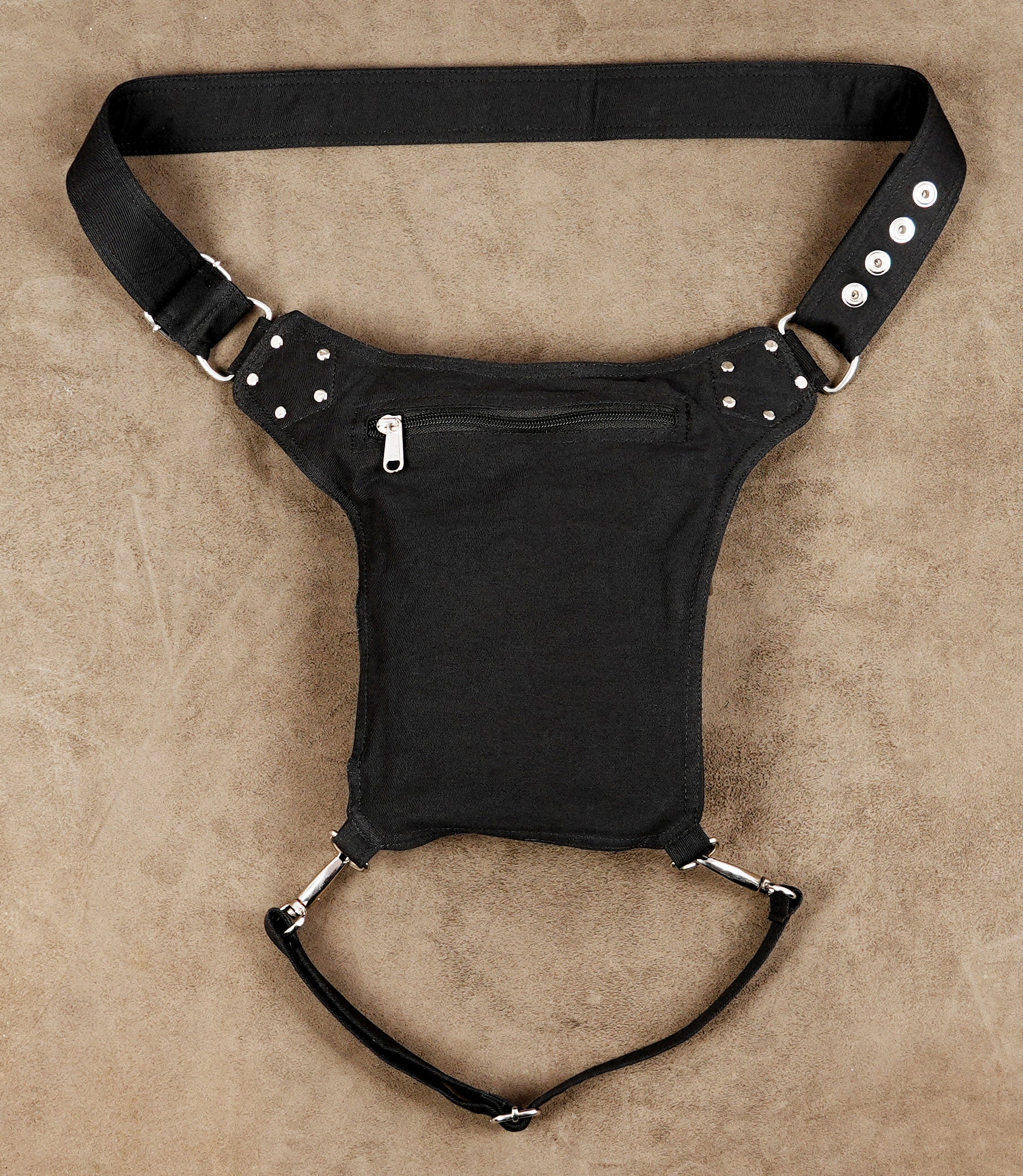 Cotton utility belt pouch with silver studs and thigh strap
