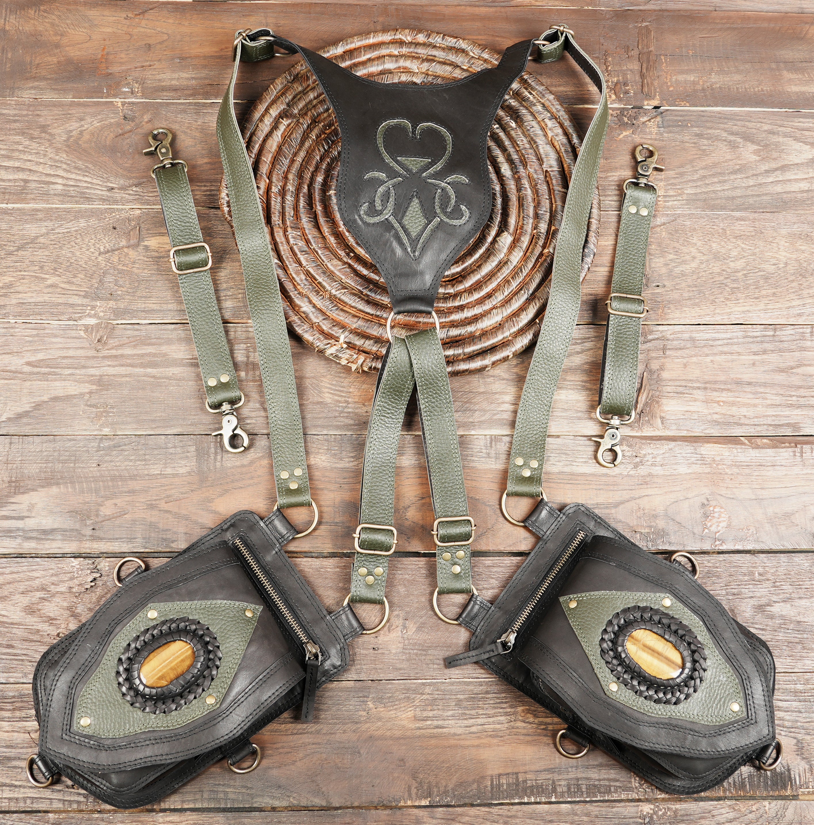 Adjustable leather shoulder holster with handcrafted stone design