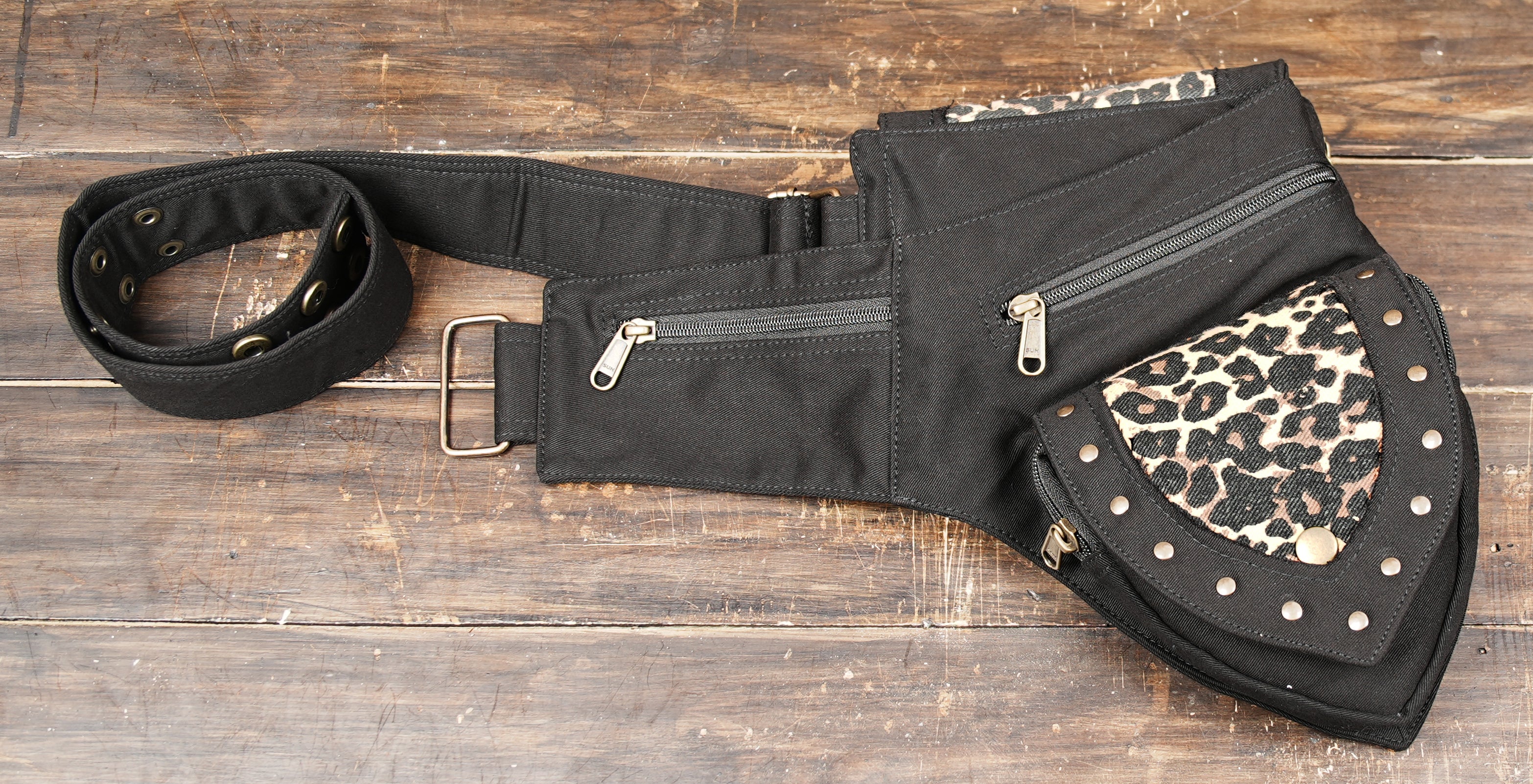 Leopard print hip pouch worn by female model