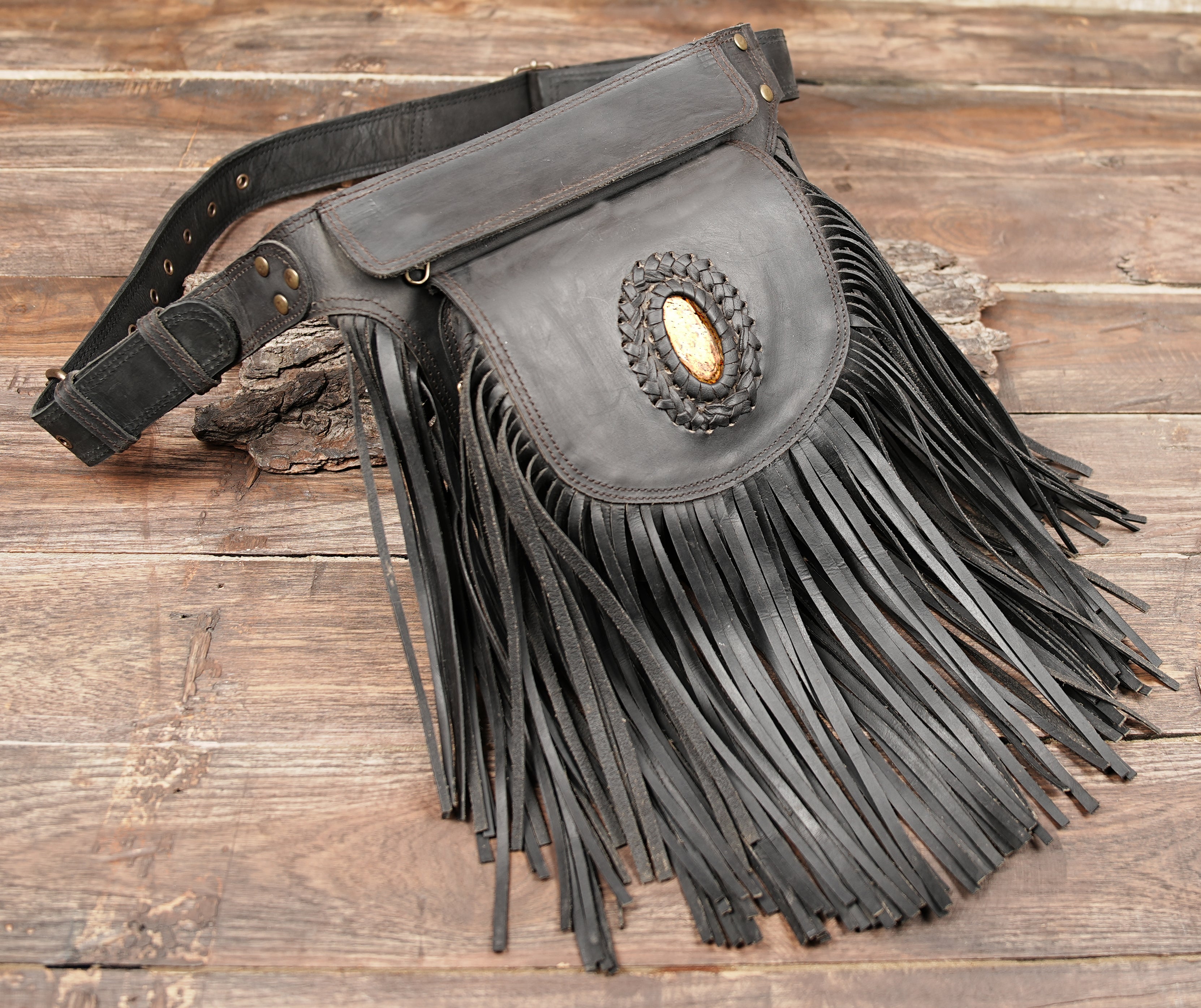 Brown Leather Fringe Waist Belt with Gemstone Center || Unisex Handmade Leather Belt (LT-AB-WB-6023)