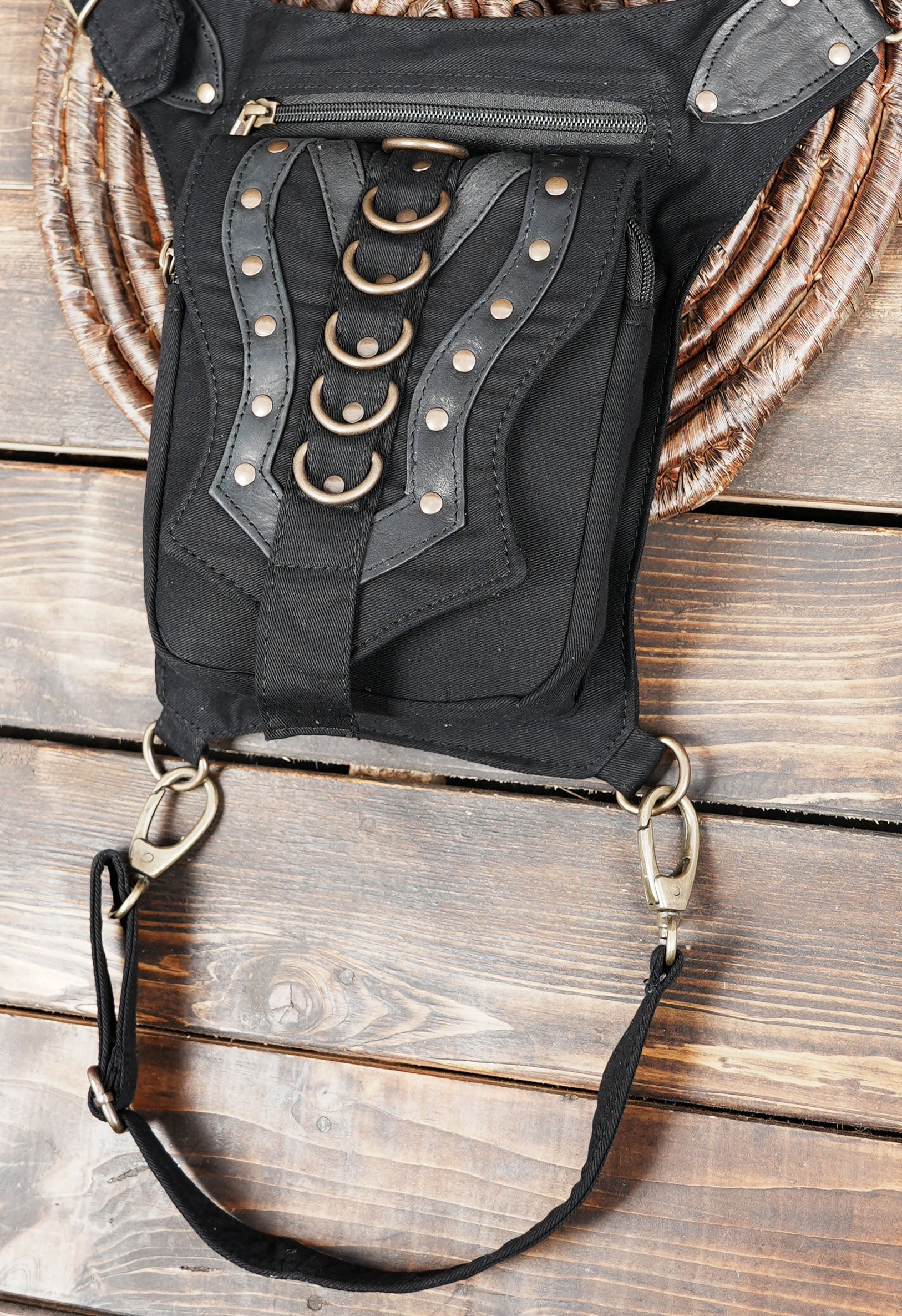 Utility drop leg fanny pack in cotton canvas for rave festivals and motorcycle trips.