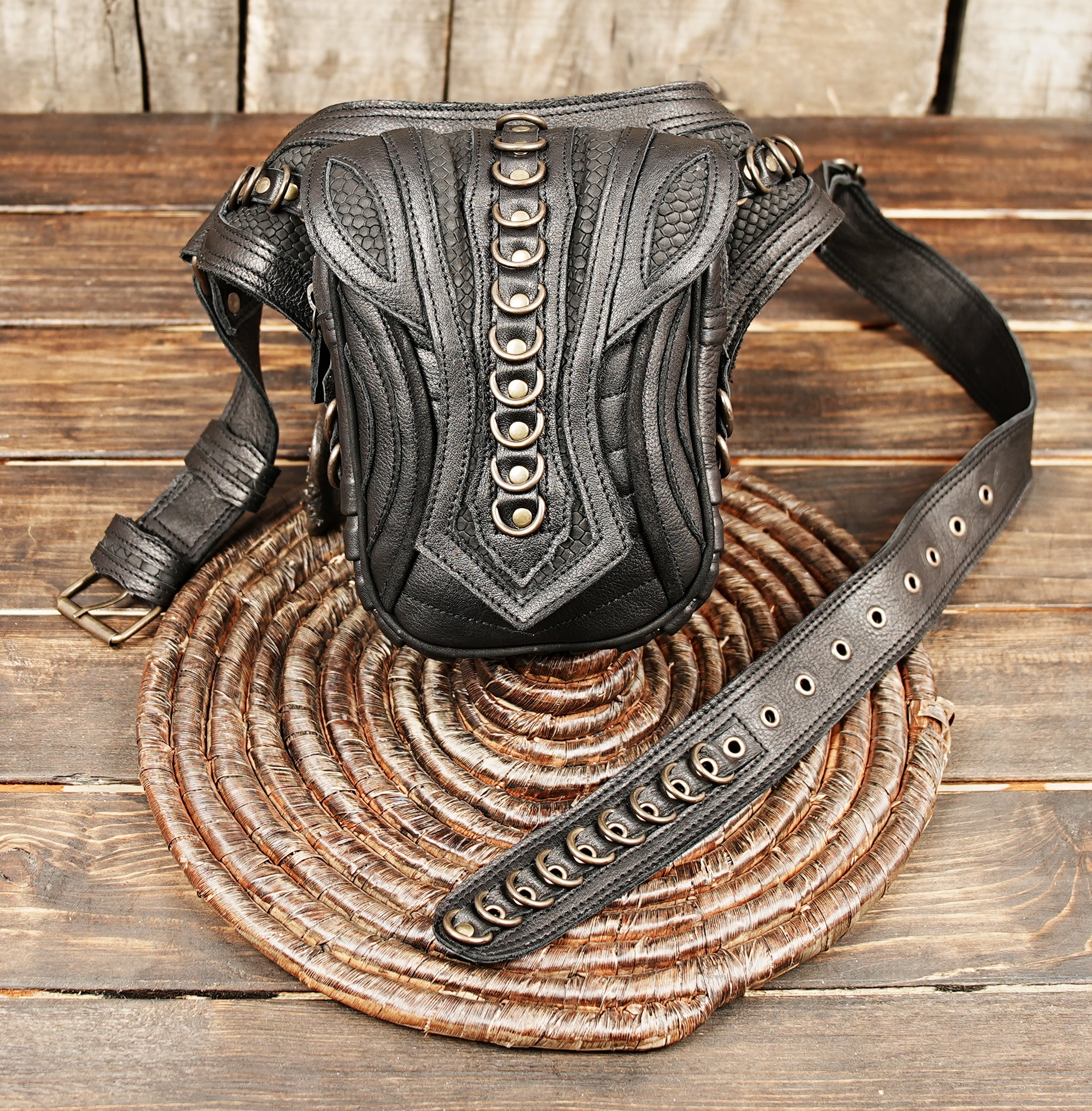 Leather utility waist belt with handcrafted details