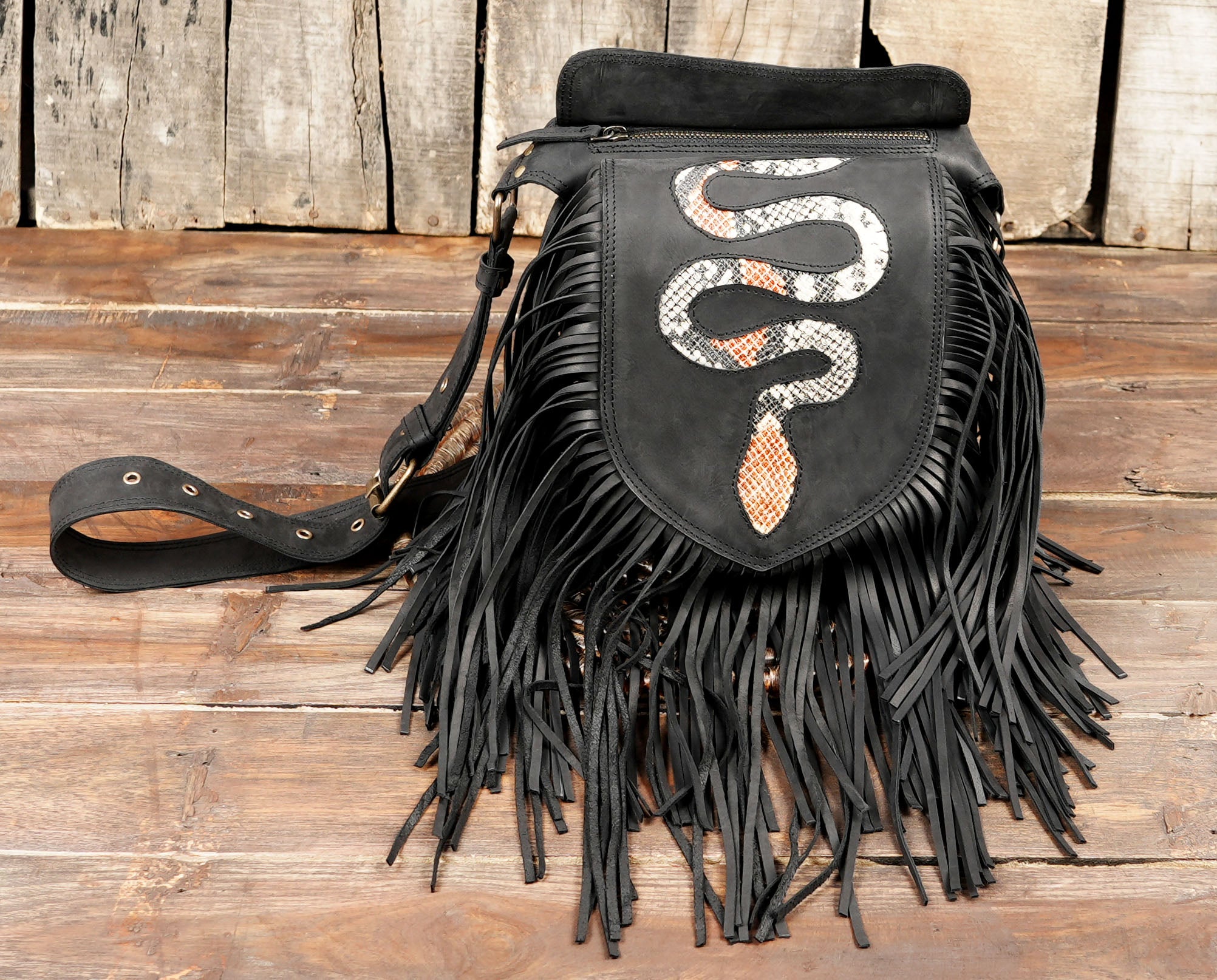 Handmade Black Leather Hip Bag with Fringe – Boho Waist Belt Pouch, Utility Waist Bag with Long Fringe For Unisex (LT/AB/WB/6198)