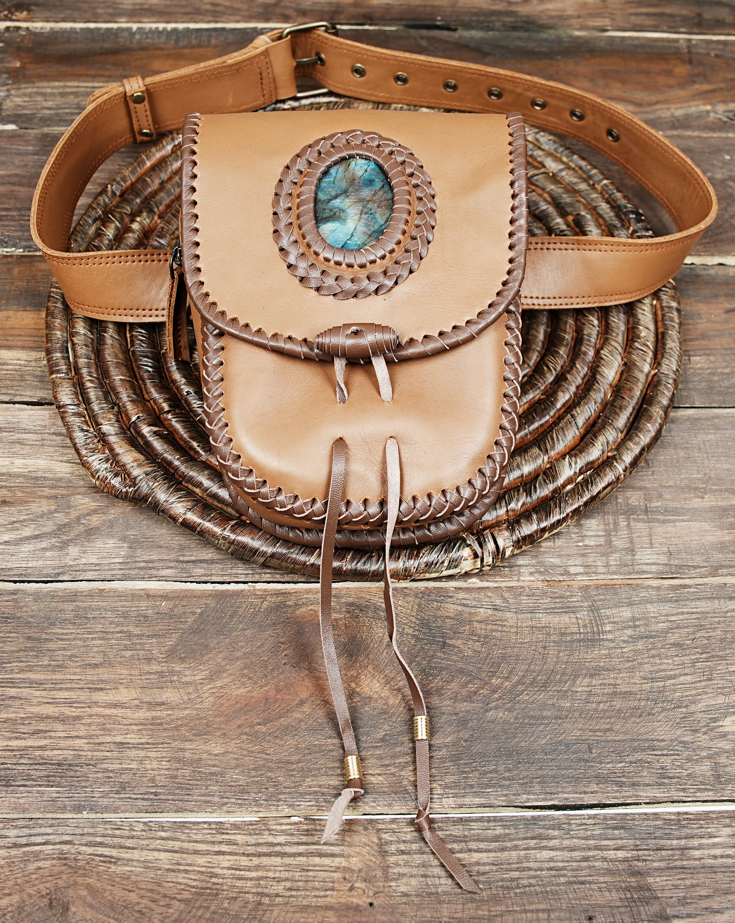 Genuine Leather Waist Belt Pouch with Decorative Stone || Handmade Brown Leather Waist Belt Bag for Daily Use (LT-AB-WB-6135)