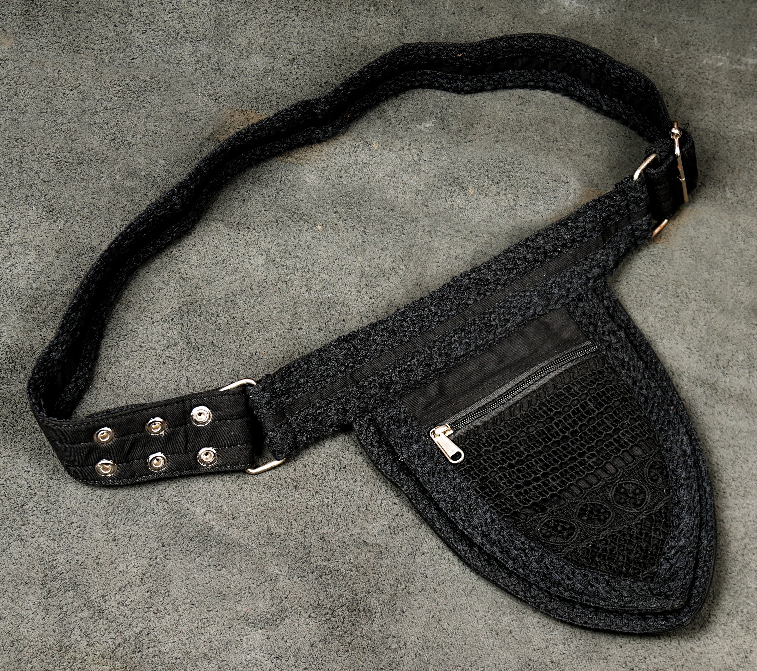 Steampunk inspired black utility belt pouch with metal hardware and eyelets
