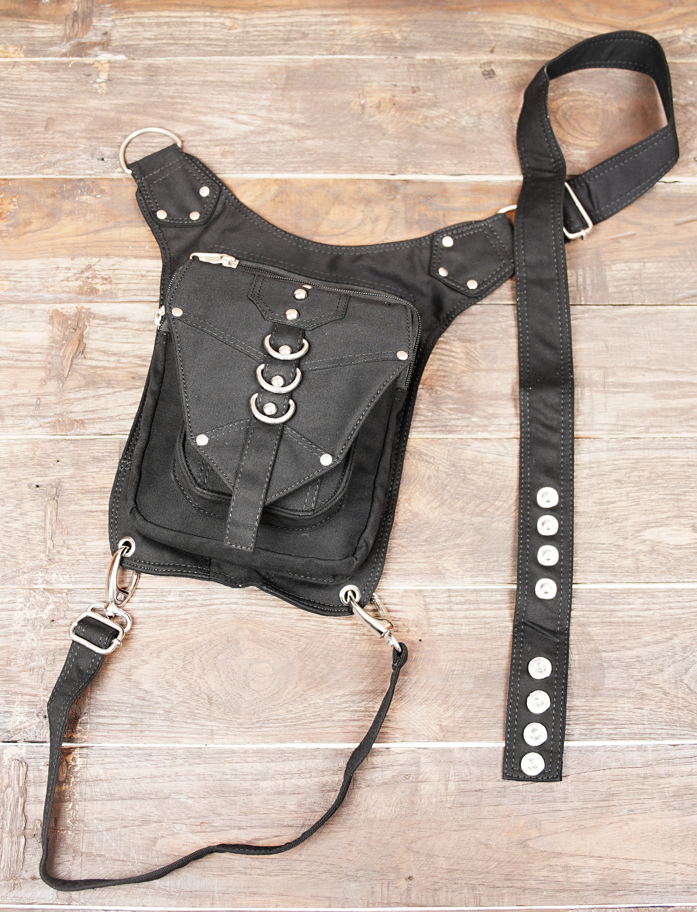 Black Canvas Goth Harness Bag - Drop Leg Pouch with Metal Rings