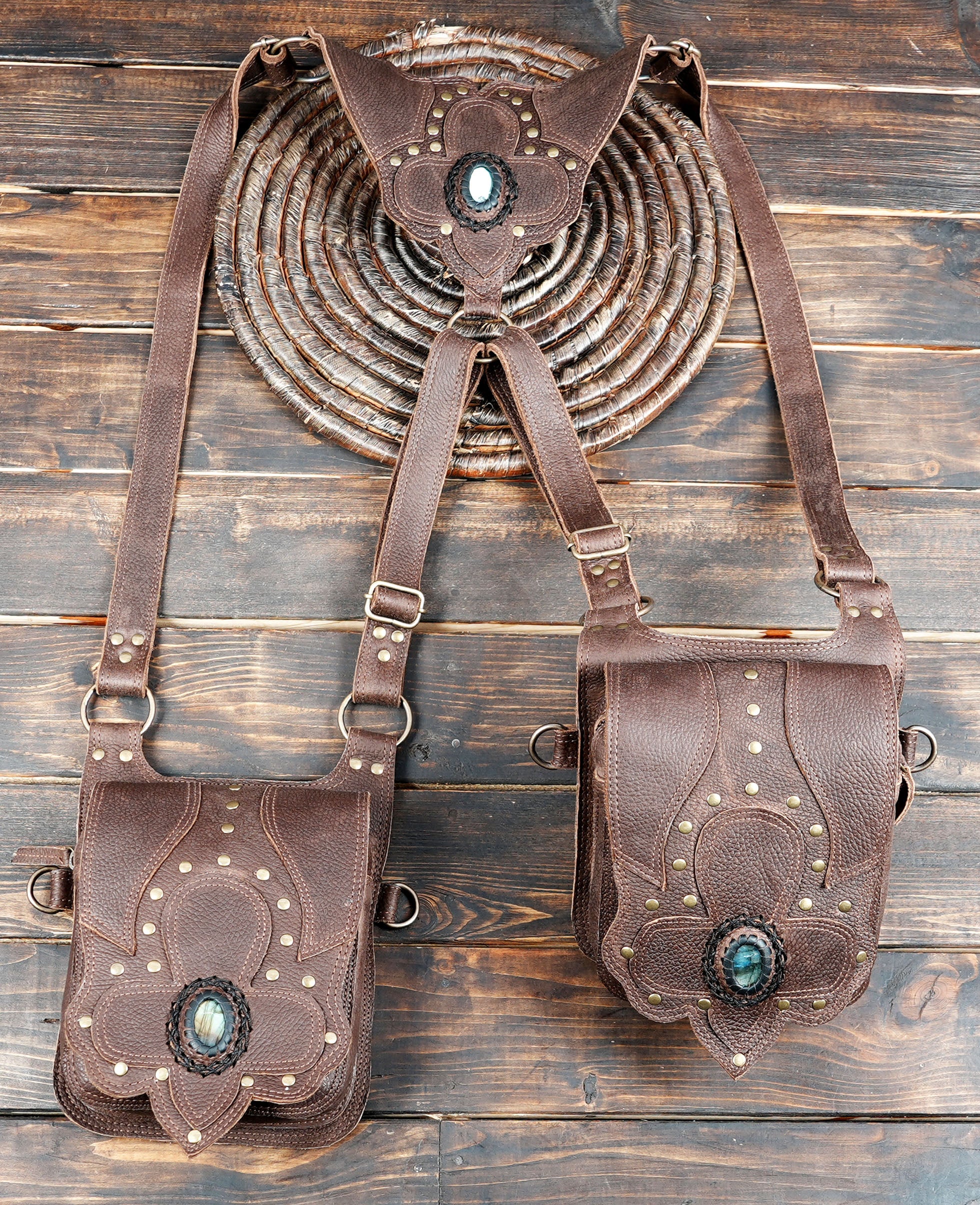 Handmade Leather Double Pouch Holster with Gemstone Accents || Boho Leather Holster with Gemstone Inlay Details  (LT-AB-HLS-6030)