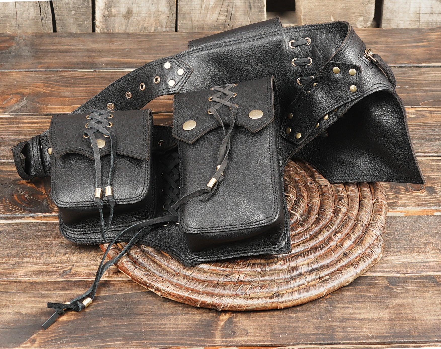 Festival leather hip belt with secure buckle closure
