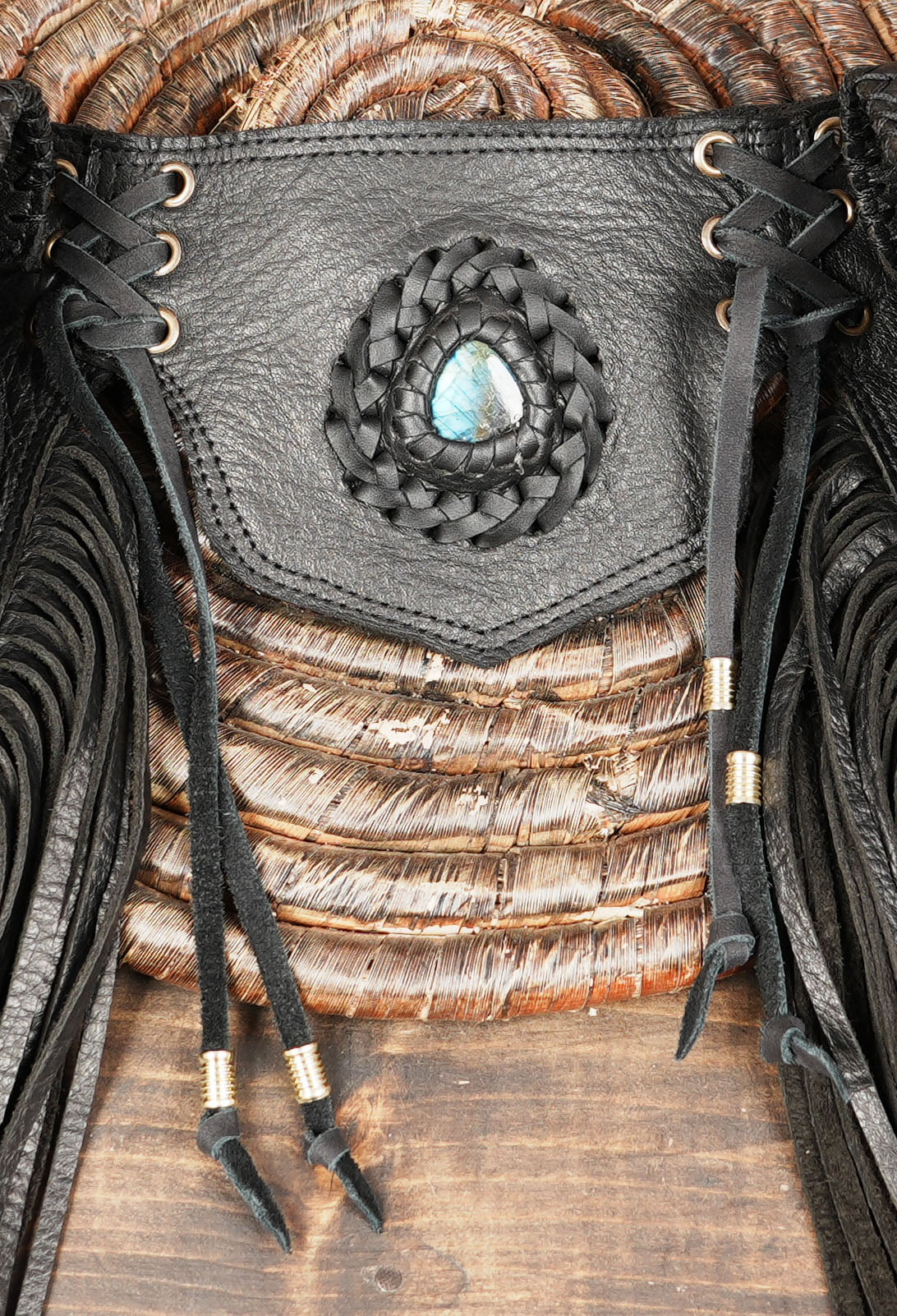 inspired leather hip belt with fringe, studs, and oval gemstone inlays