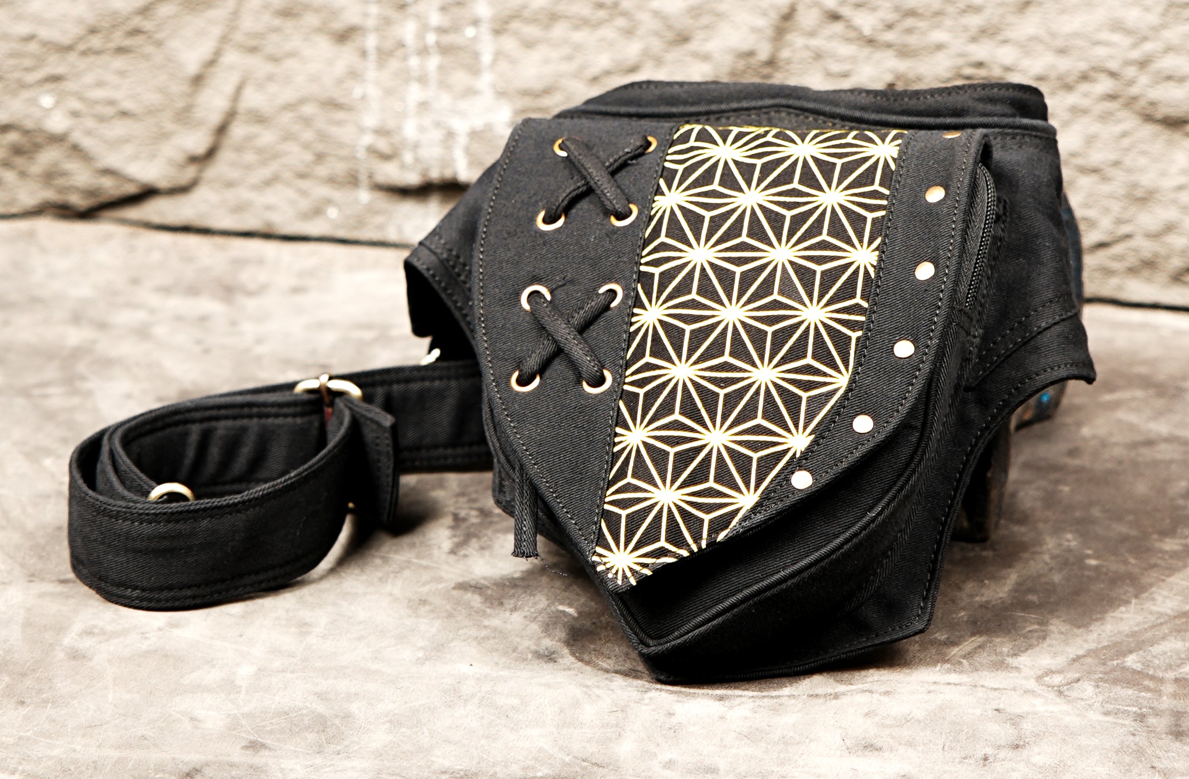 Black Cotton Waist Belt Bag, Geometric Festival Hip Pouch, Lace Up Utility Pack, Unisex Travel Accessory (CTN/AB/WB/1002)