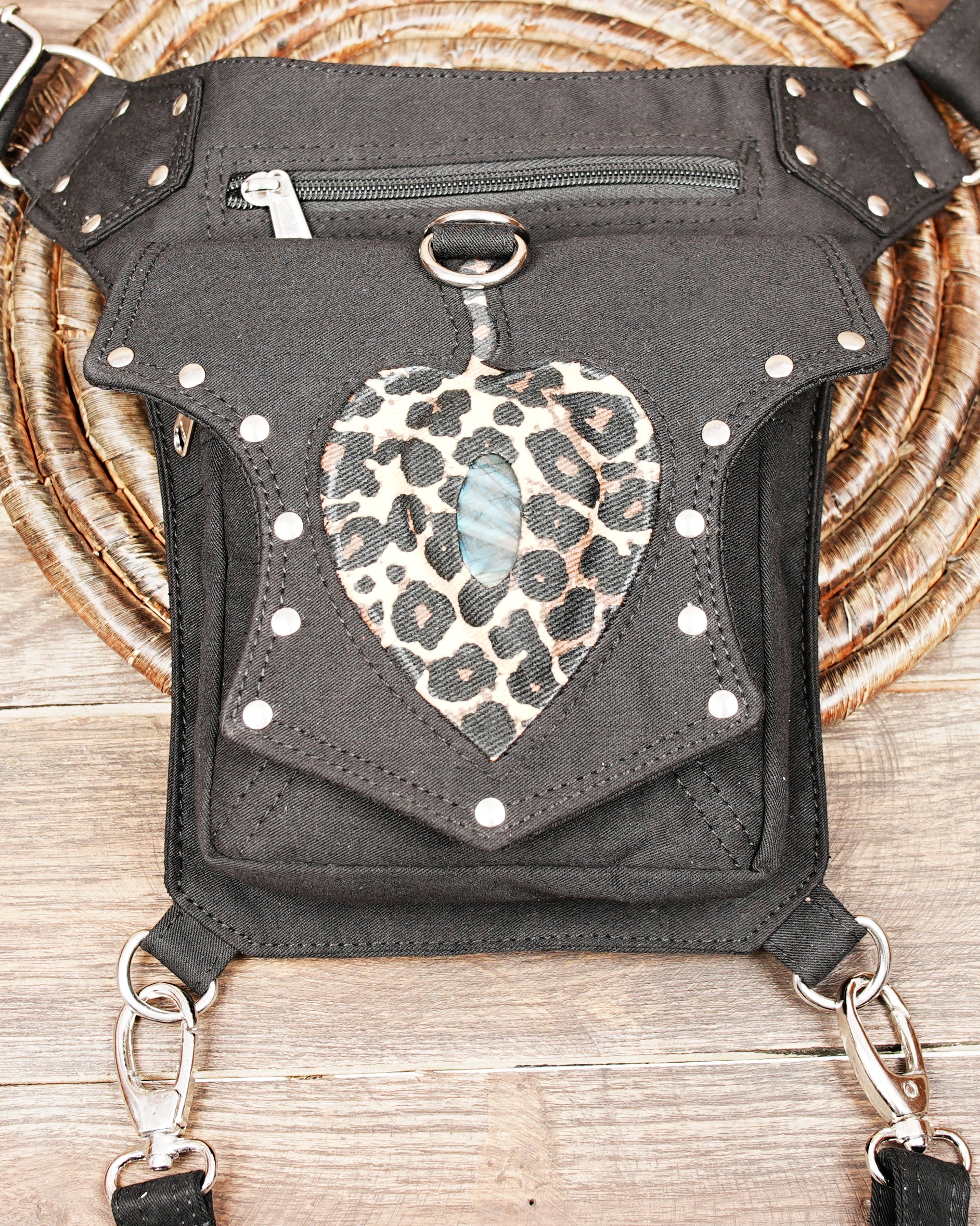 Steampunk style black canvas hip and leg bag with animal print detail