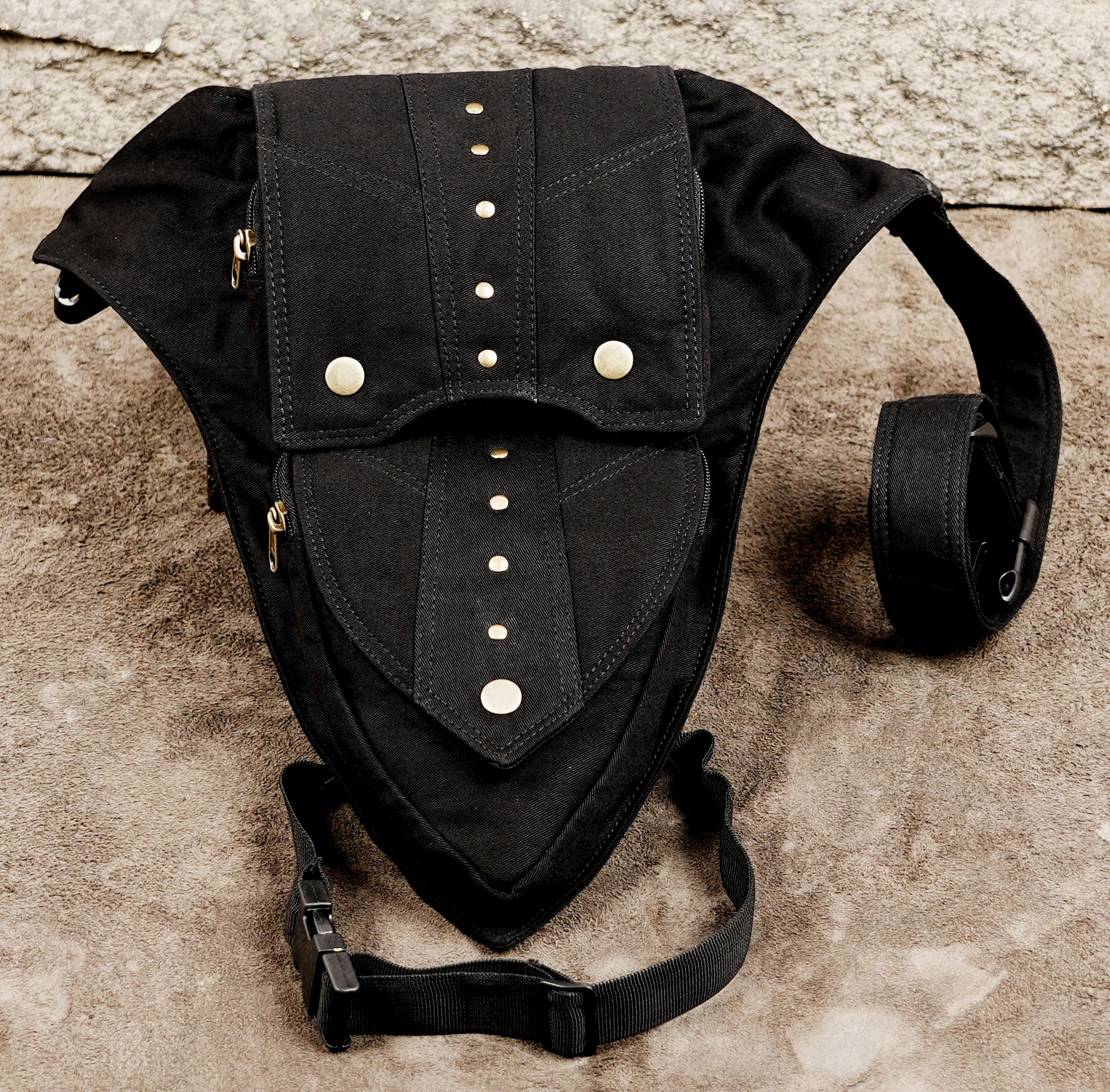 Steampunk waist pouch with antique brass snaps on black canvas