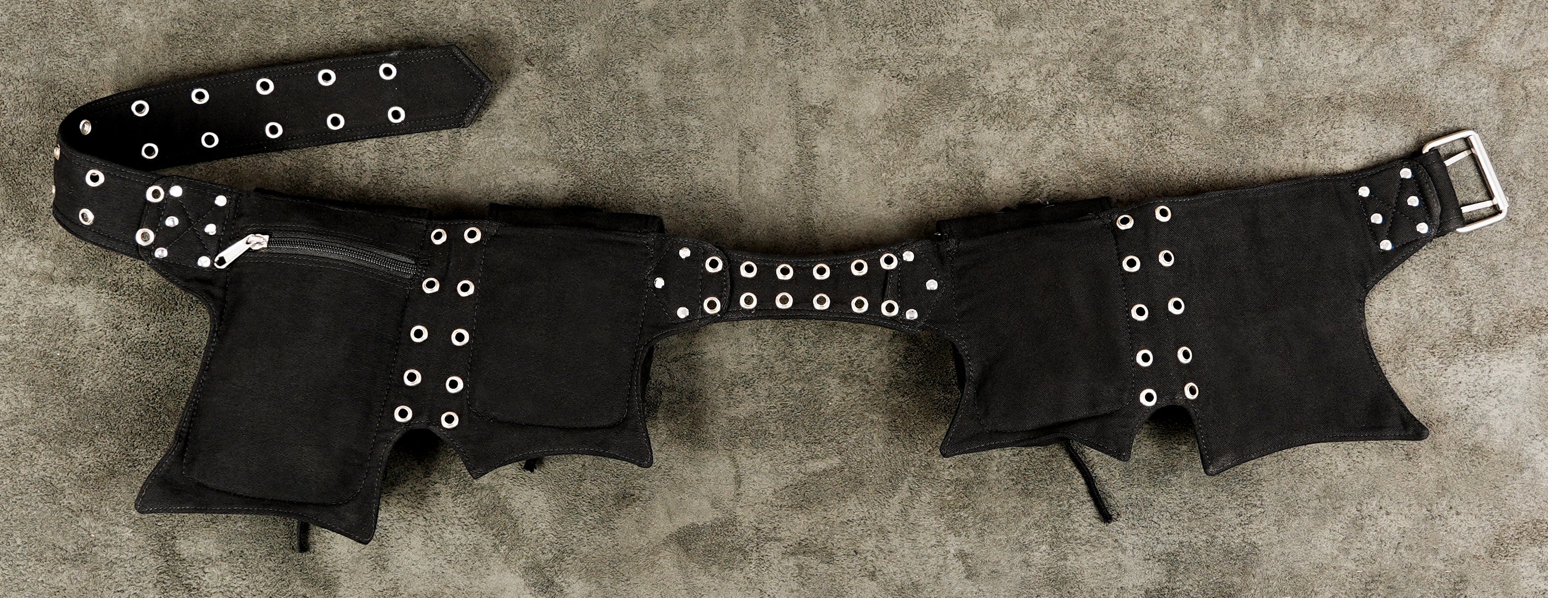 Punk style black cotton waist belt with studded and eyelet detailing