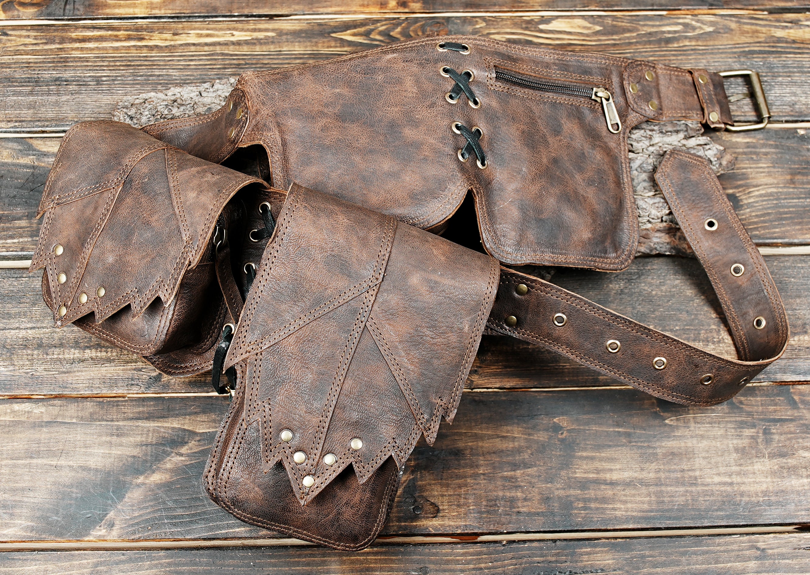 Burning Man leather belt with two large pouches