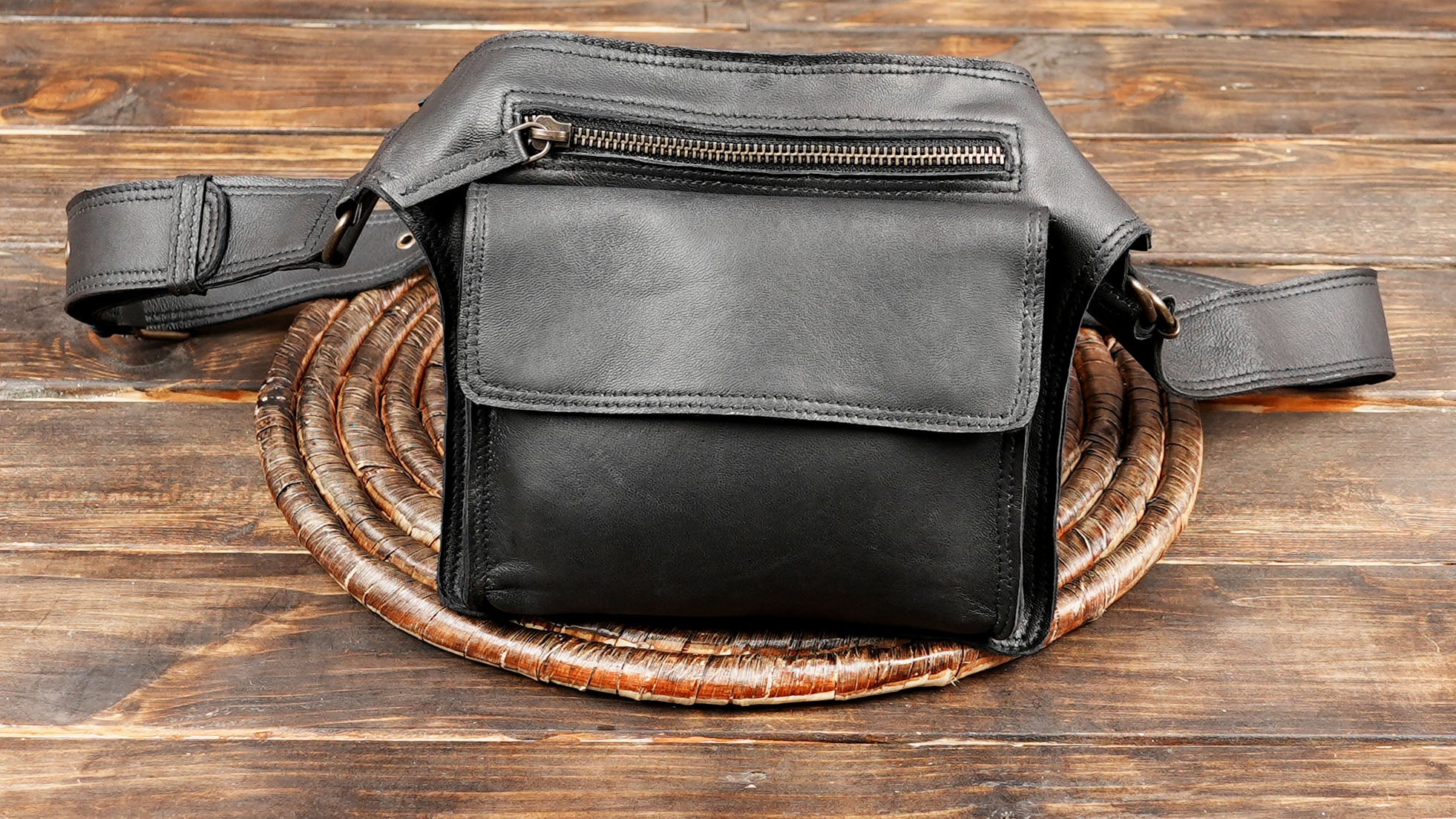 Minimalist leather waist pack with secure storage pocket