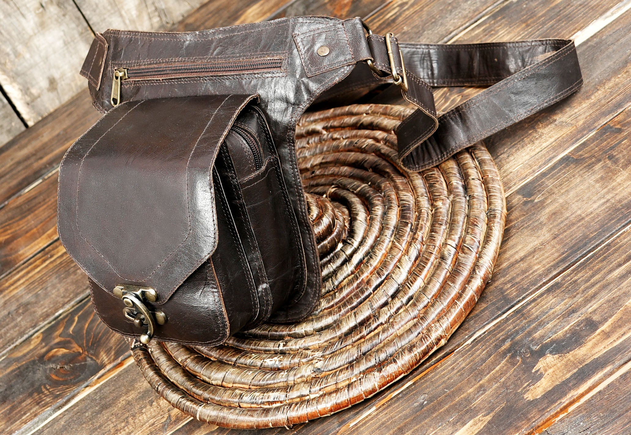 Handmade Leather Waist Belt with Front Pouch || Genuine Leather Waist Belt with Utility Pouch (LT/AB/WB/6171)