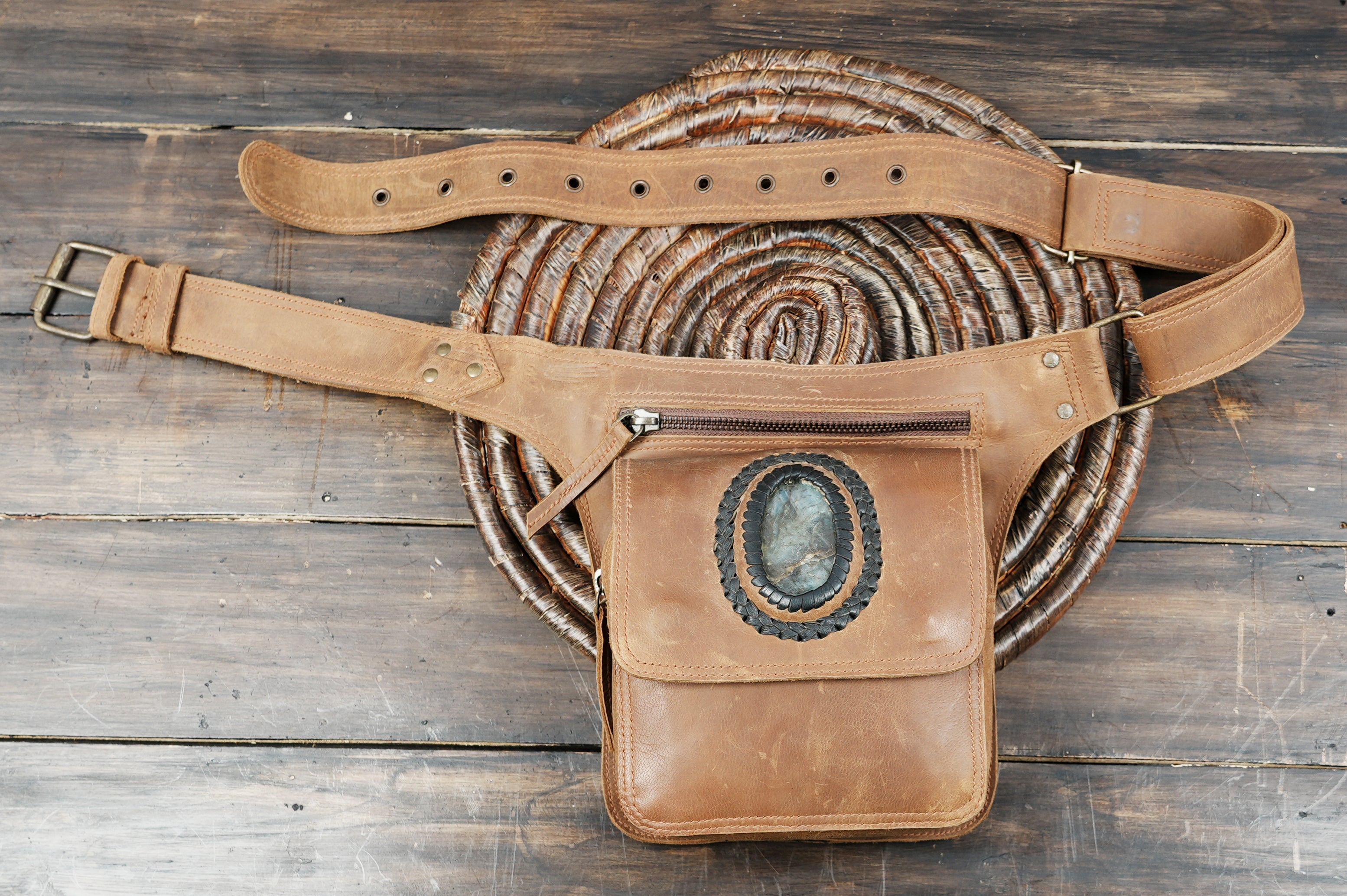 Durable brown leather hip bag for men and women with secure compartments