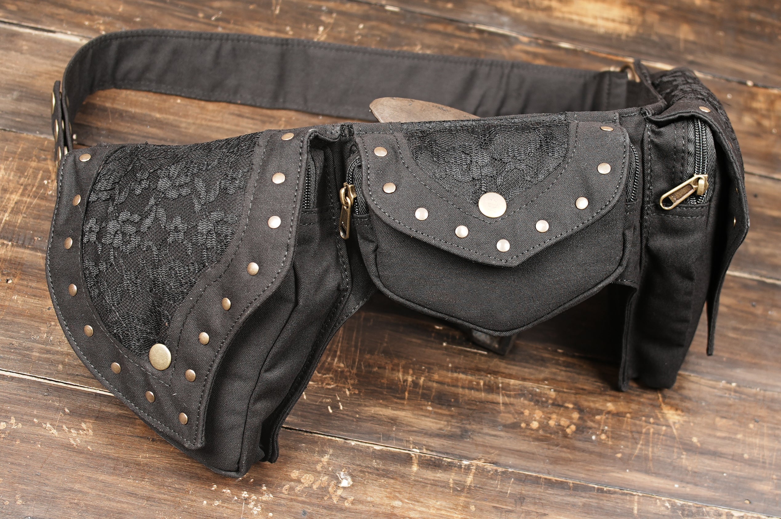 Steampunk festival pocket belt with brass hardware and pointed leaf-style flaps