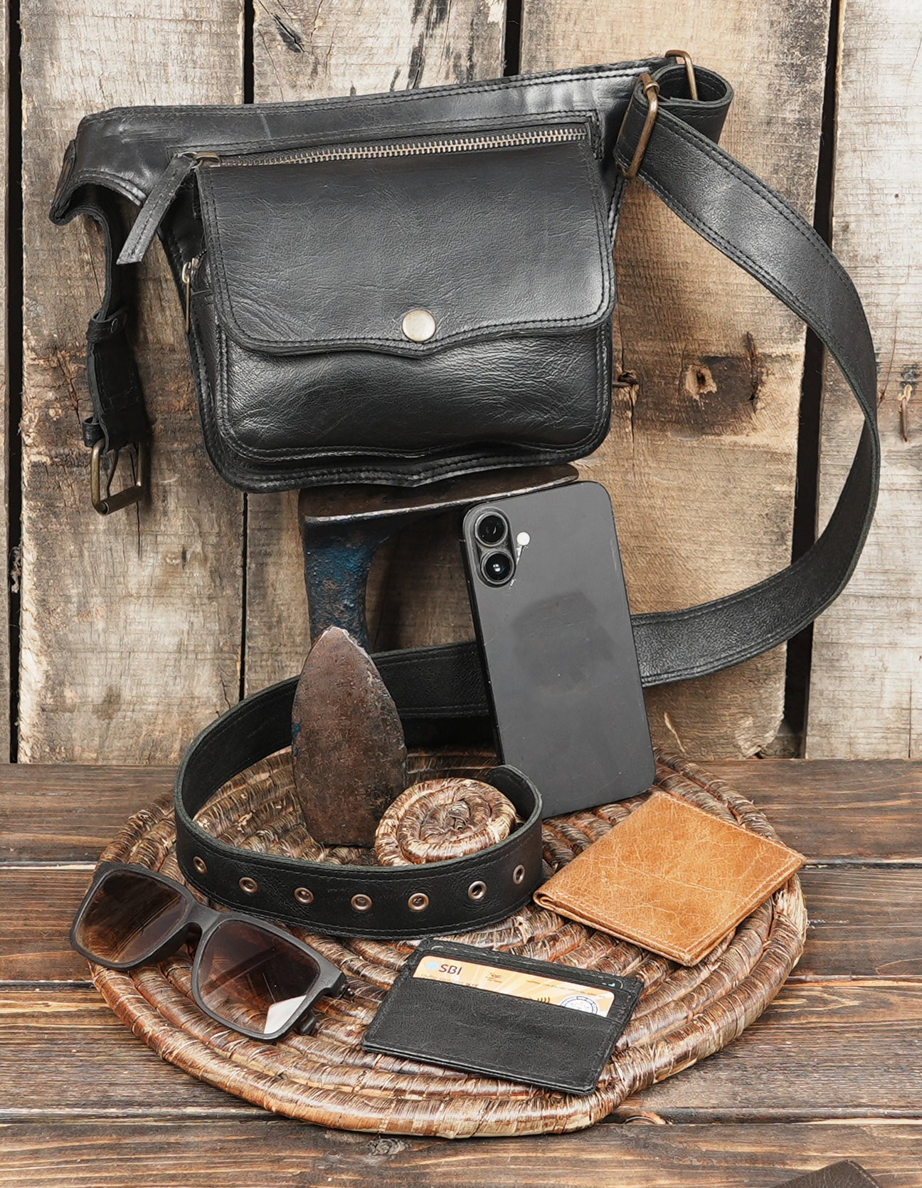 Black leather crossbody waist pouch with zipper detail