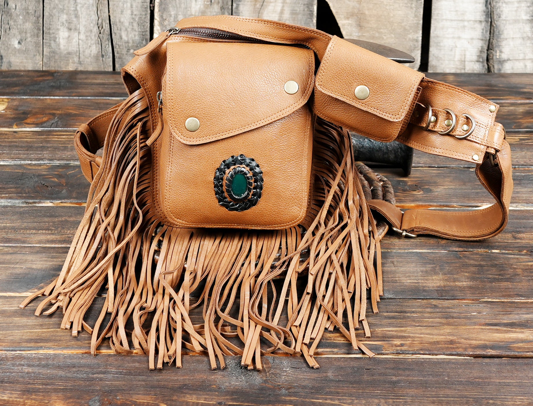 Premium leather waist belt bag with fringe and zipper pocket