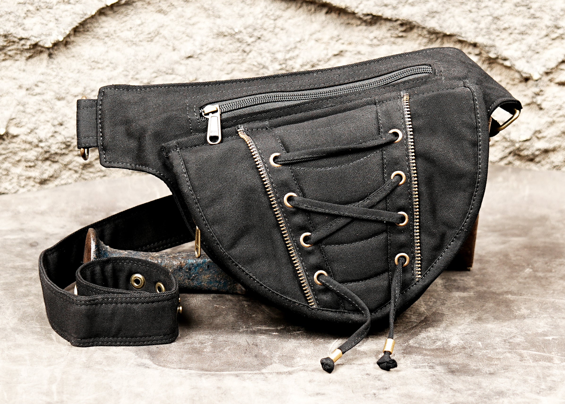 Festival Season Essential - Black Canvas Fanny Pack with Unique Corset Design