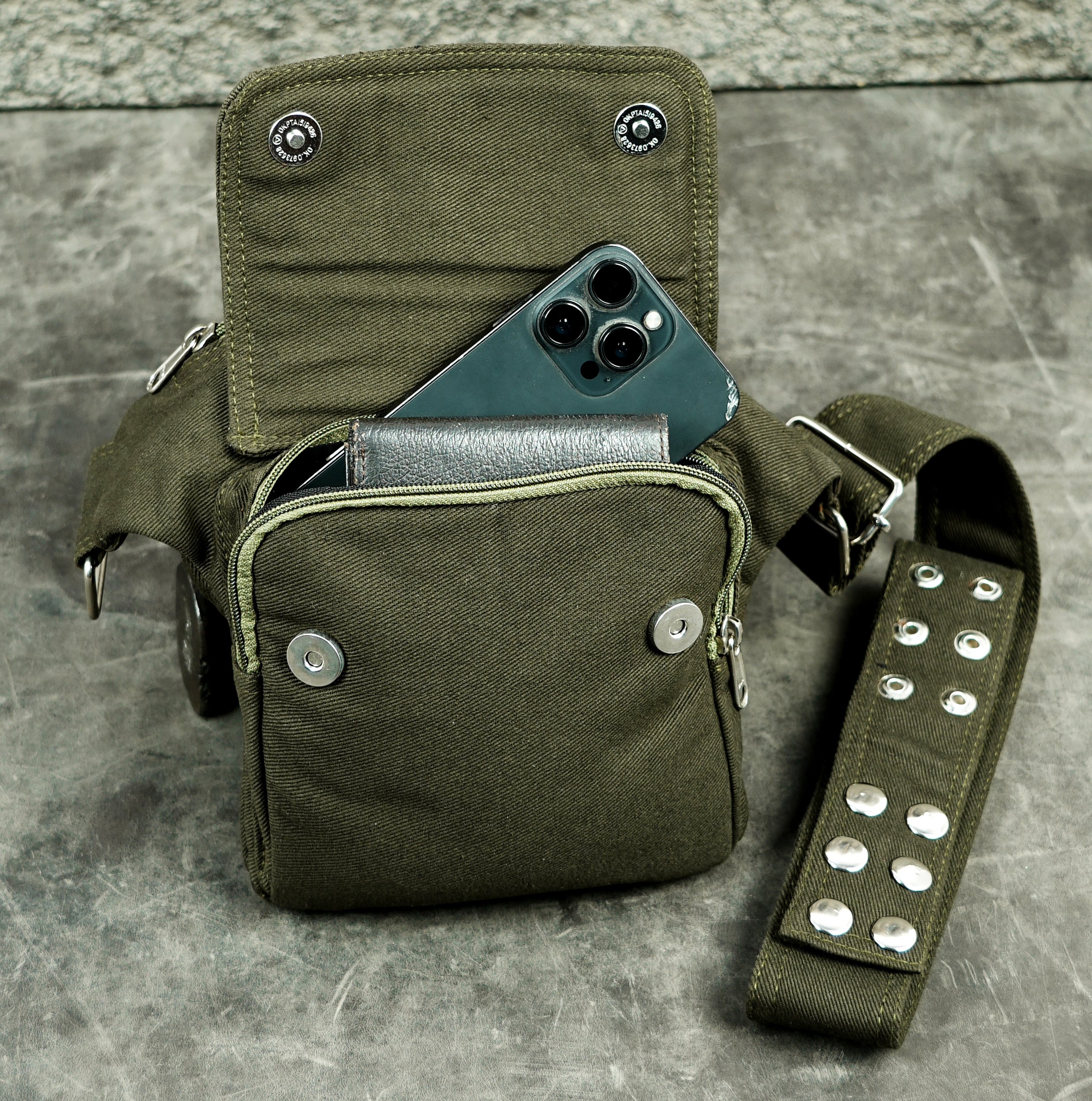 Military green hip pouch with flap pocket and silver adjustable buckle