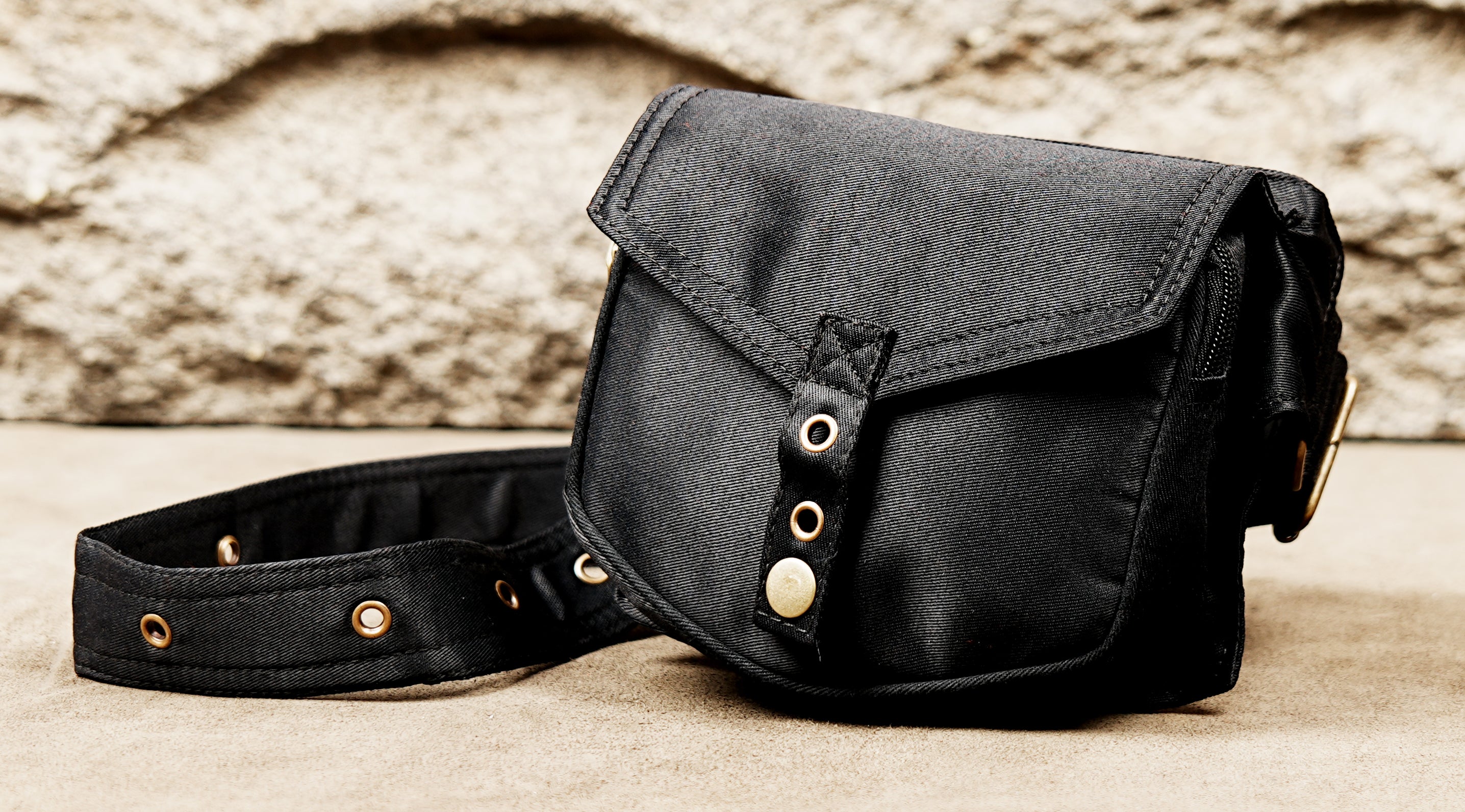 Practical black utility pocket belt with antique brass hardware