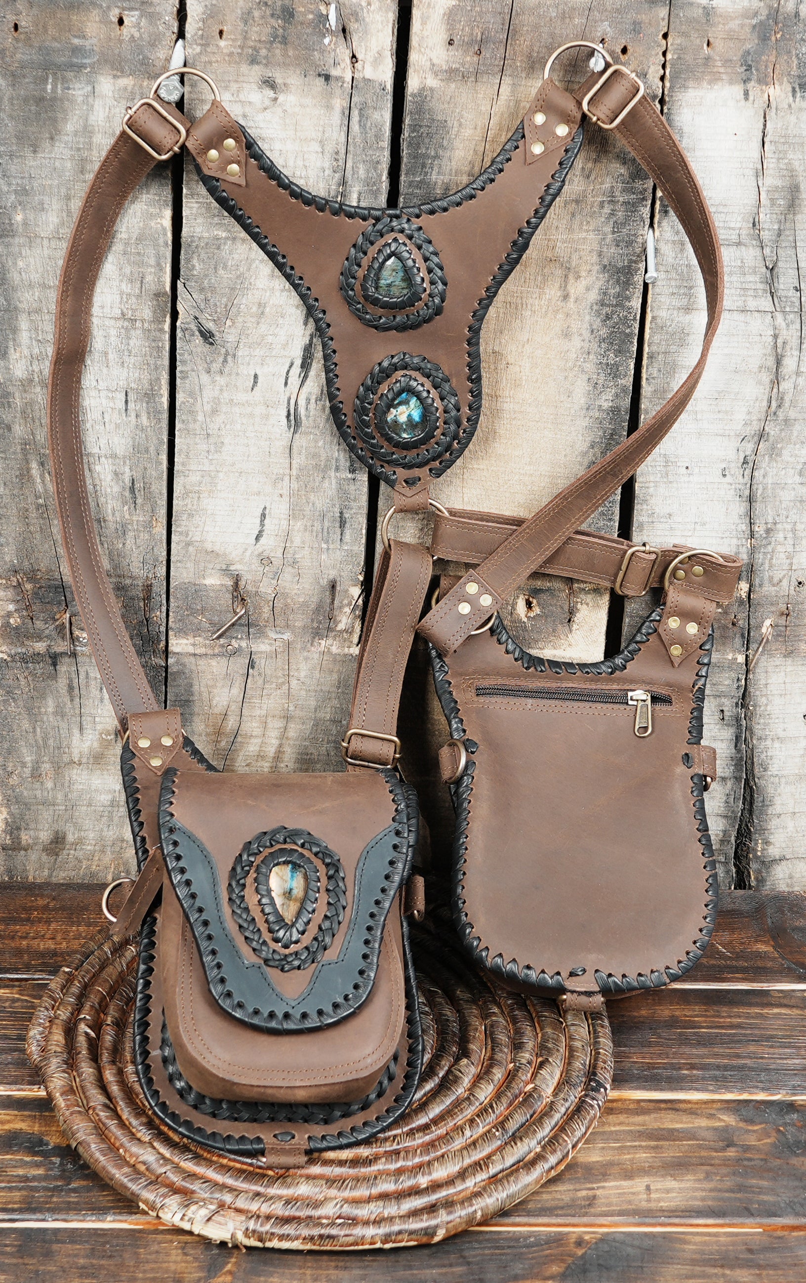Artisan leather utility harness with tribal inspired design