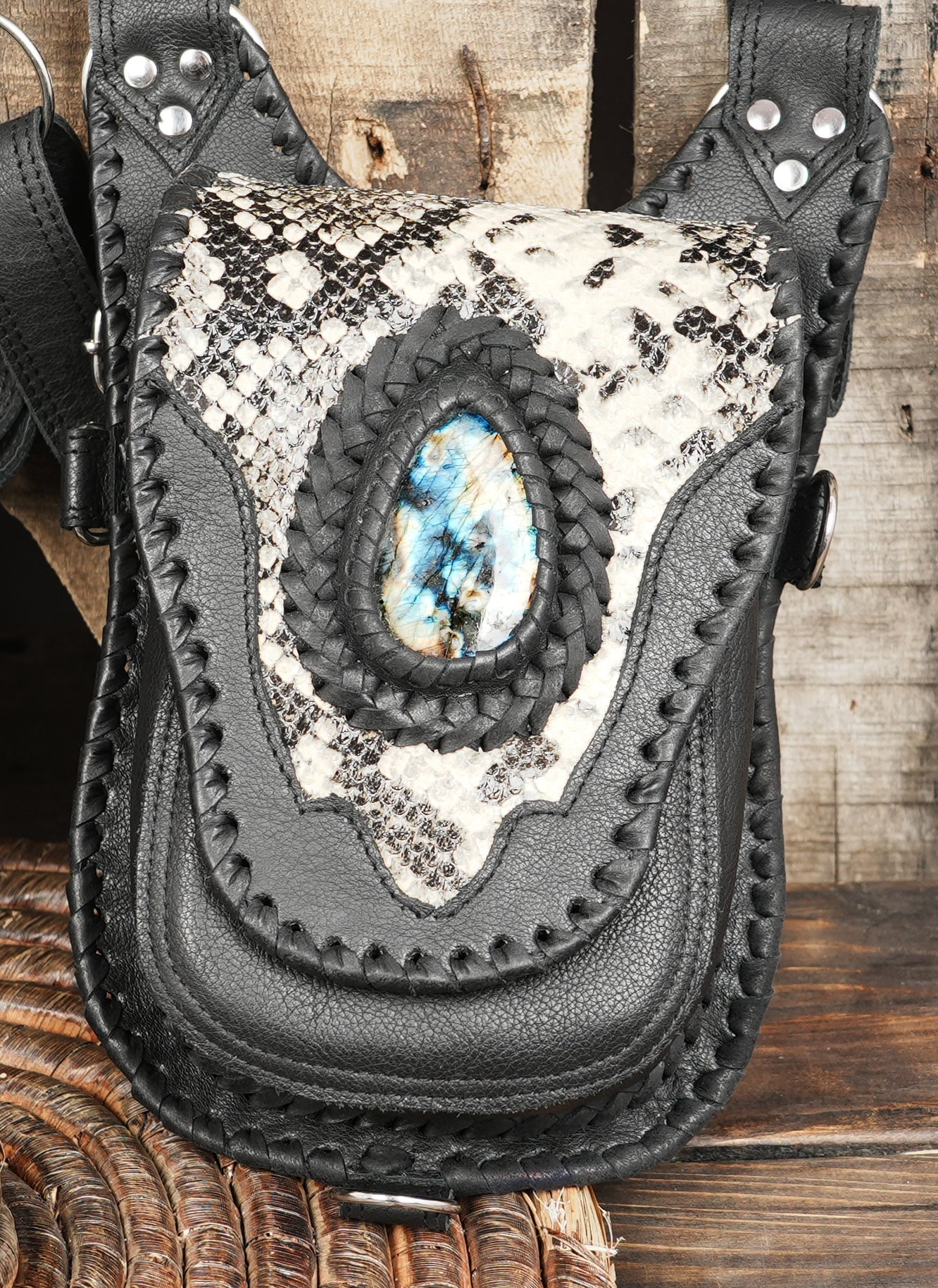 Steampunk inspired black leather utility holster with silver hardware
