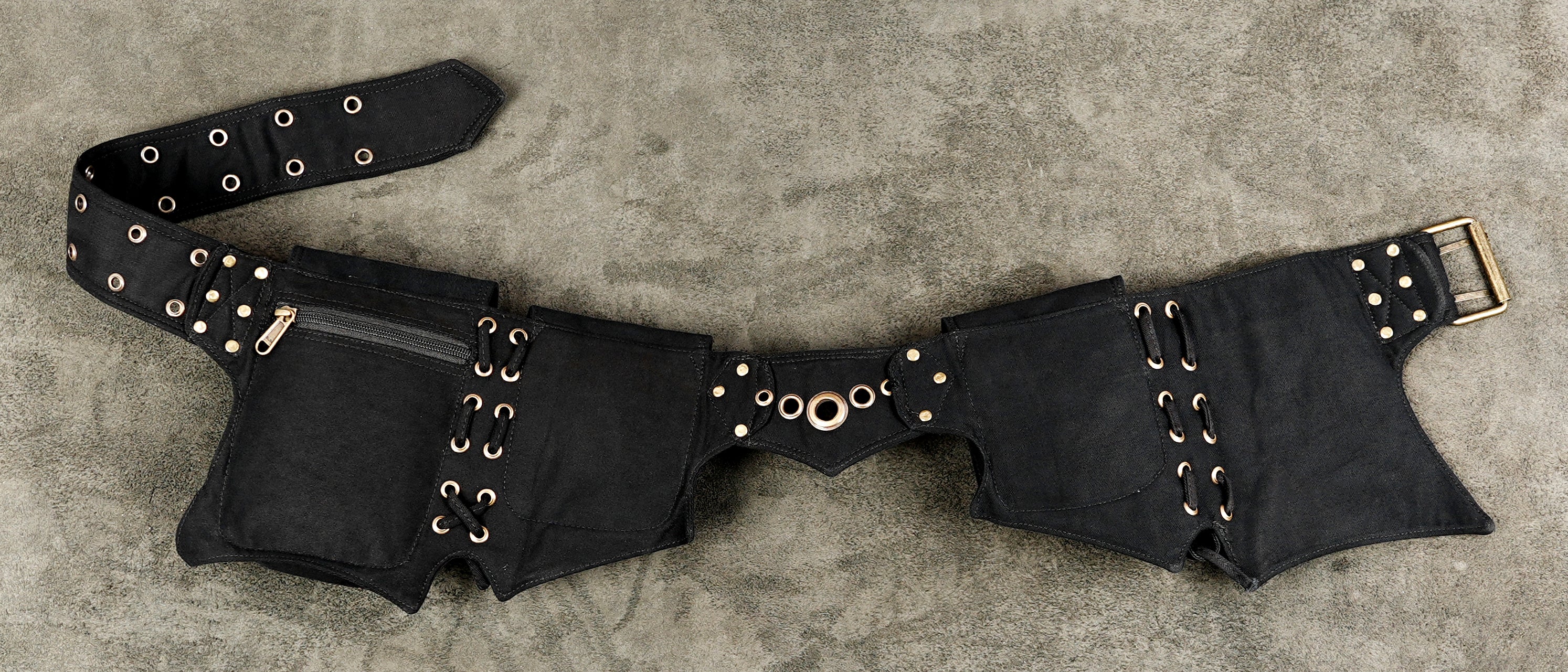 Black cotton utility belt with front storage pockets and buckle closure