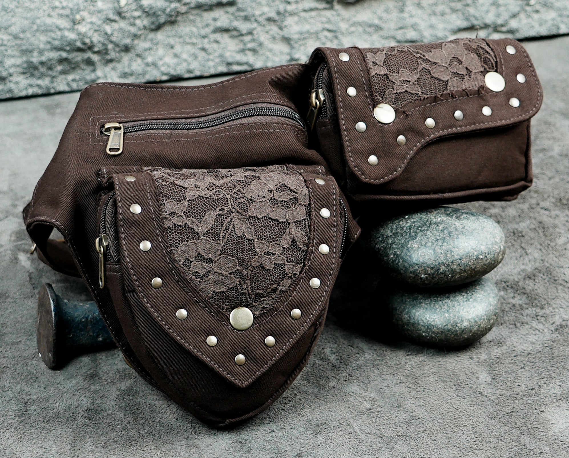 Adjustable brown cotton waist belt with phone pouch and zip pouches