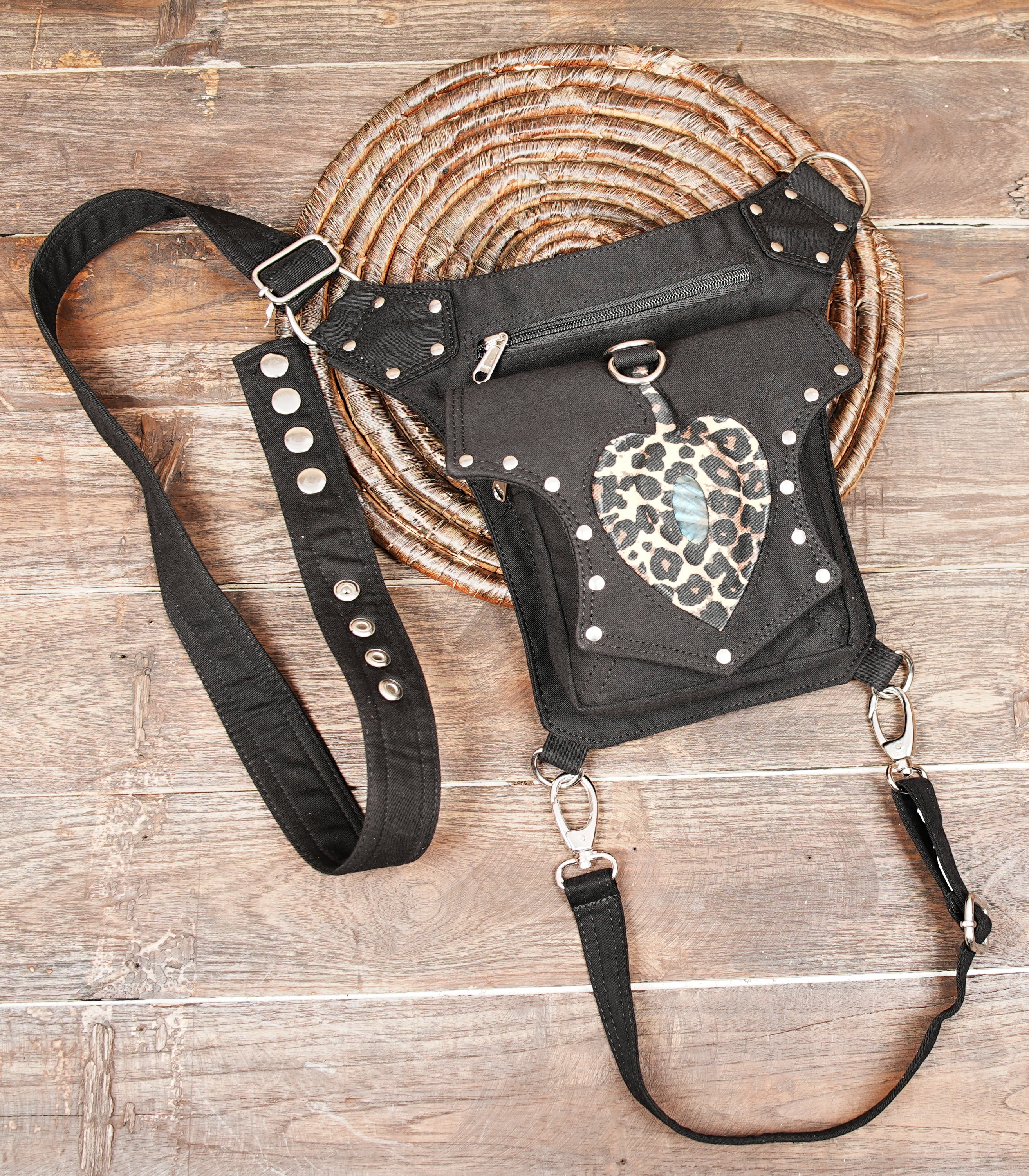 Industrial punk style black canvas drop leg bag with leopard print heart