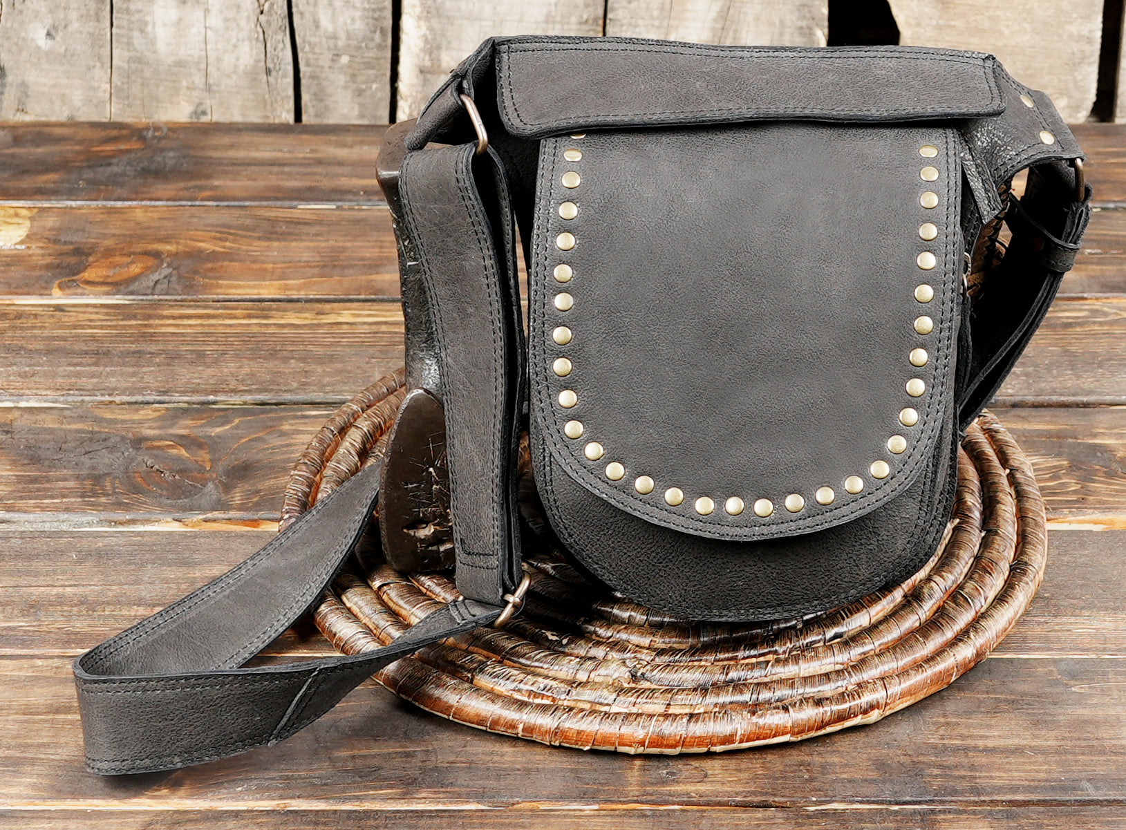 Black leather utility belt with handcrafted pouch