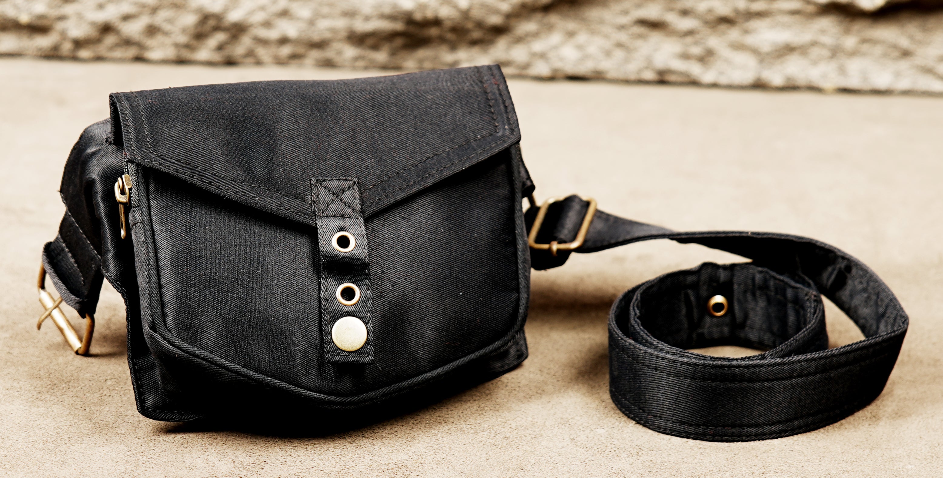 Gothic alternative black canvas utility pouch with brass details