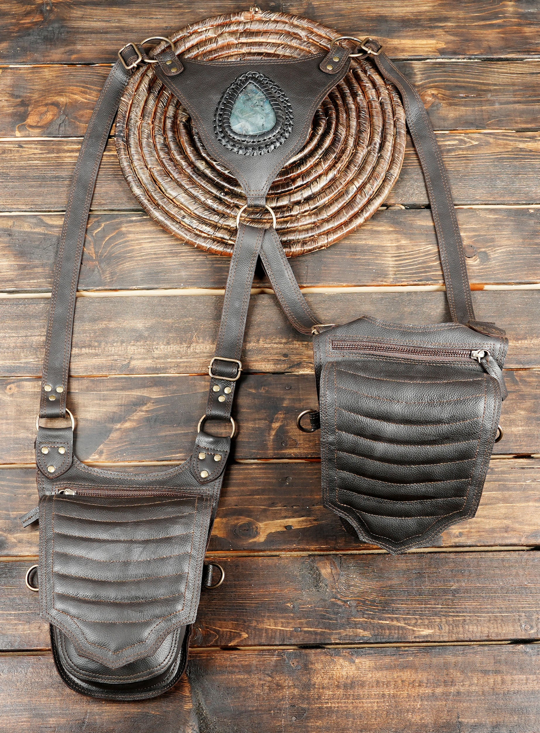 Dual pouch brown leather holster bag with western look