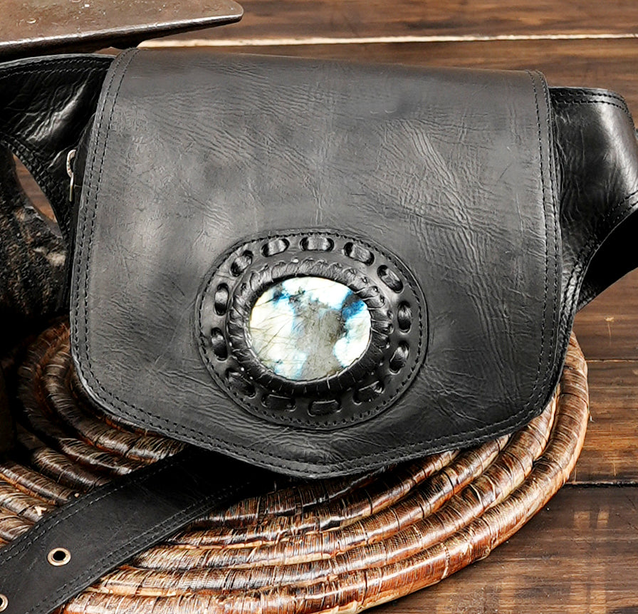 Rustic style leather belt bag with circular gemstone decoration