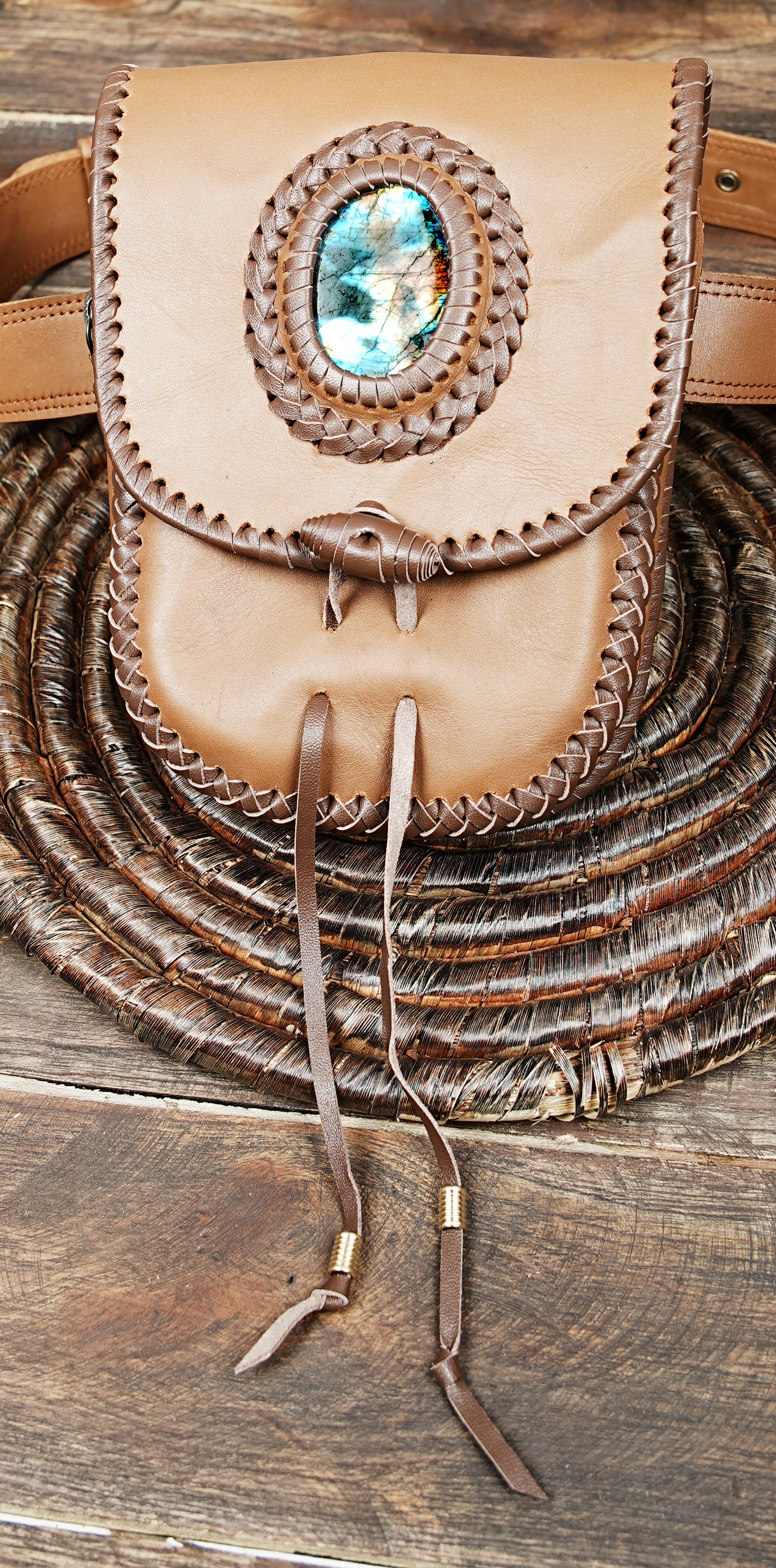 Genuine Leather Waist Belt Pouch with Decorative Stone || Handmade Brown Leather Waist Belt Bag for Daily Use (LT-AB-WB-6135)