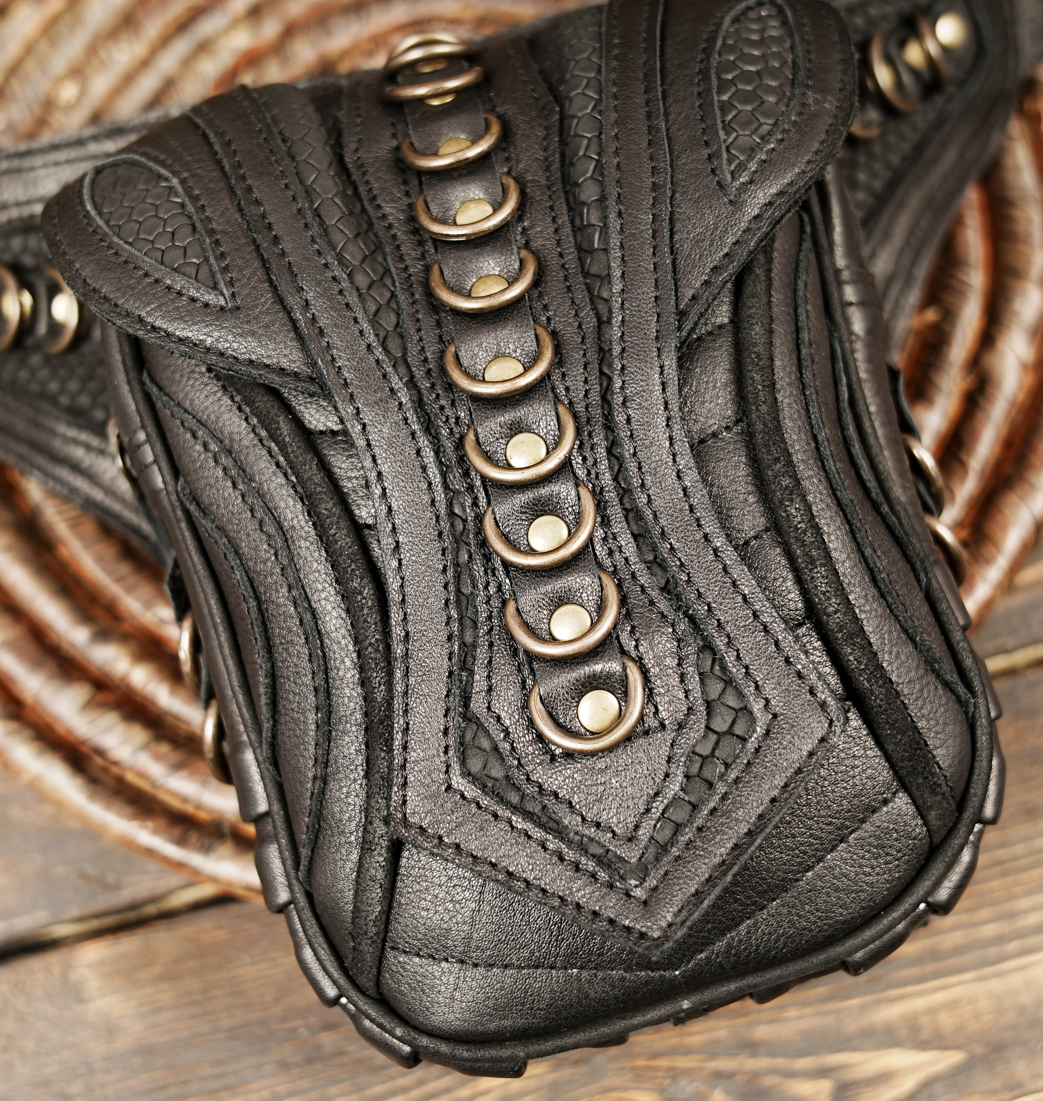 Ethnic style black leather waist belt with metal hardware