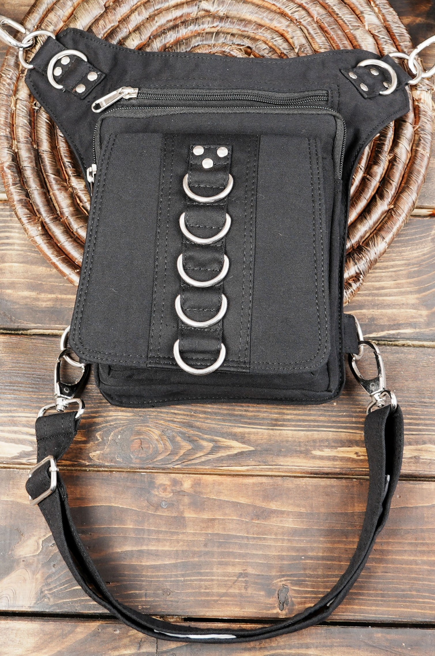 Gothic Thigh Pouch - Vegan Black Canvas Utility Belt Bag with Ring Detail