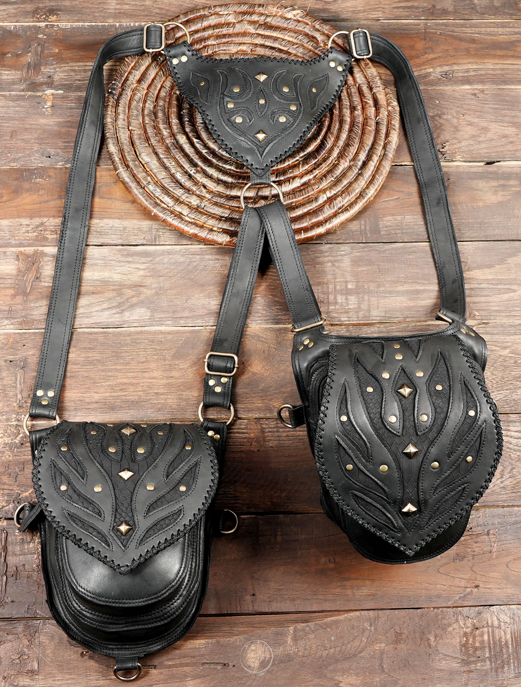 Steampunk utility chest rig leather bag with brass studs