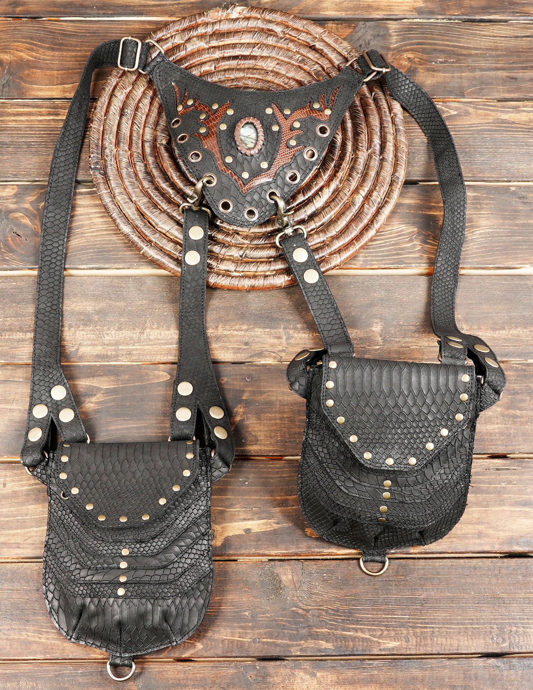 Decorative leather chest harness with reptile texture finish