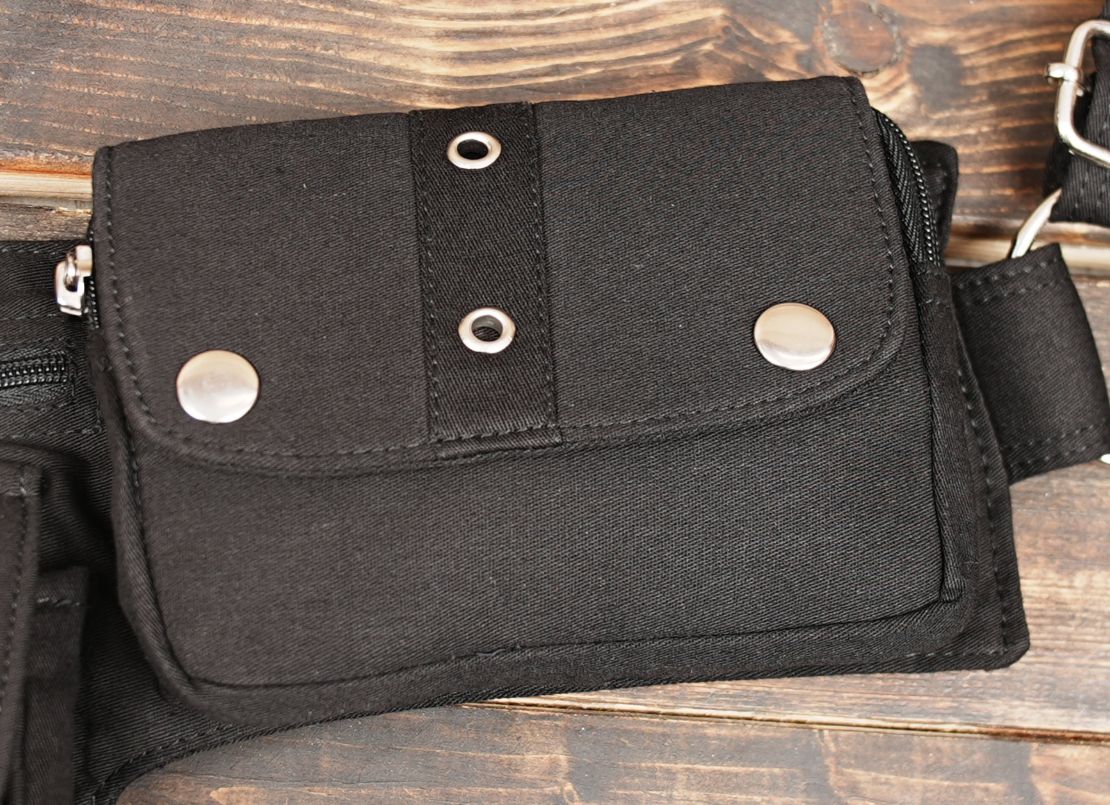 Handmade black cotton hip pouch belt for festivals and travel