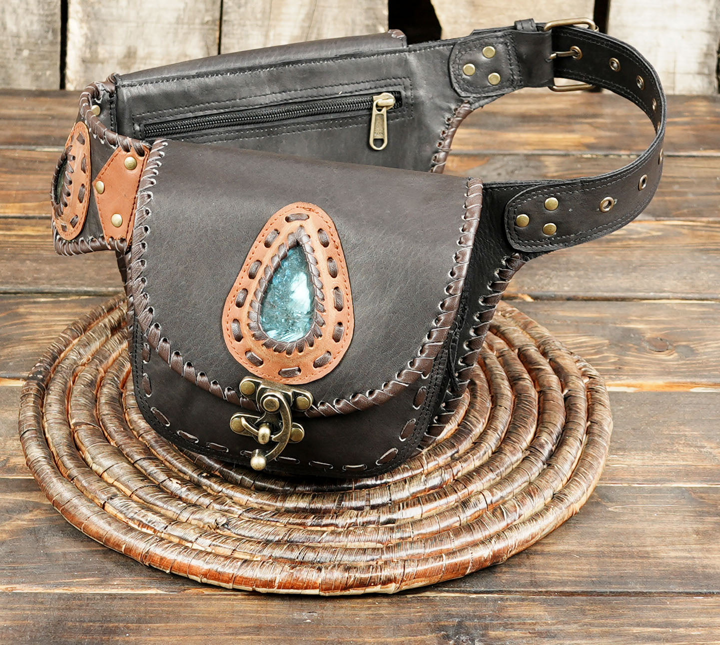 Handmade Leather Belt Bag: Gemstone Fanny Pack, Boho Festival Style