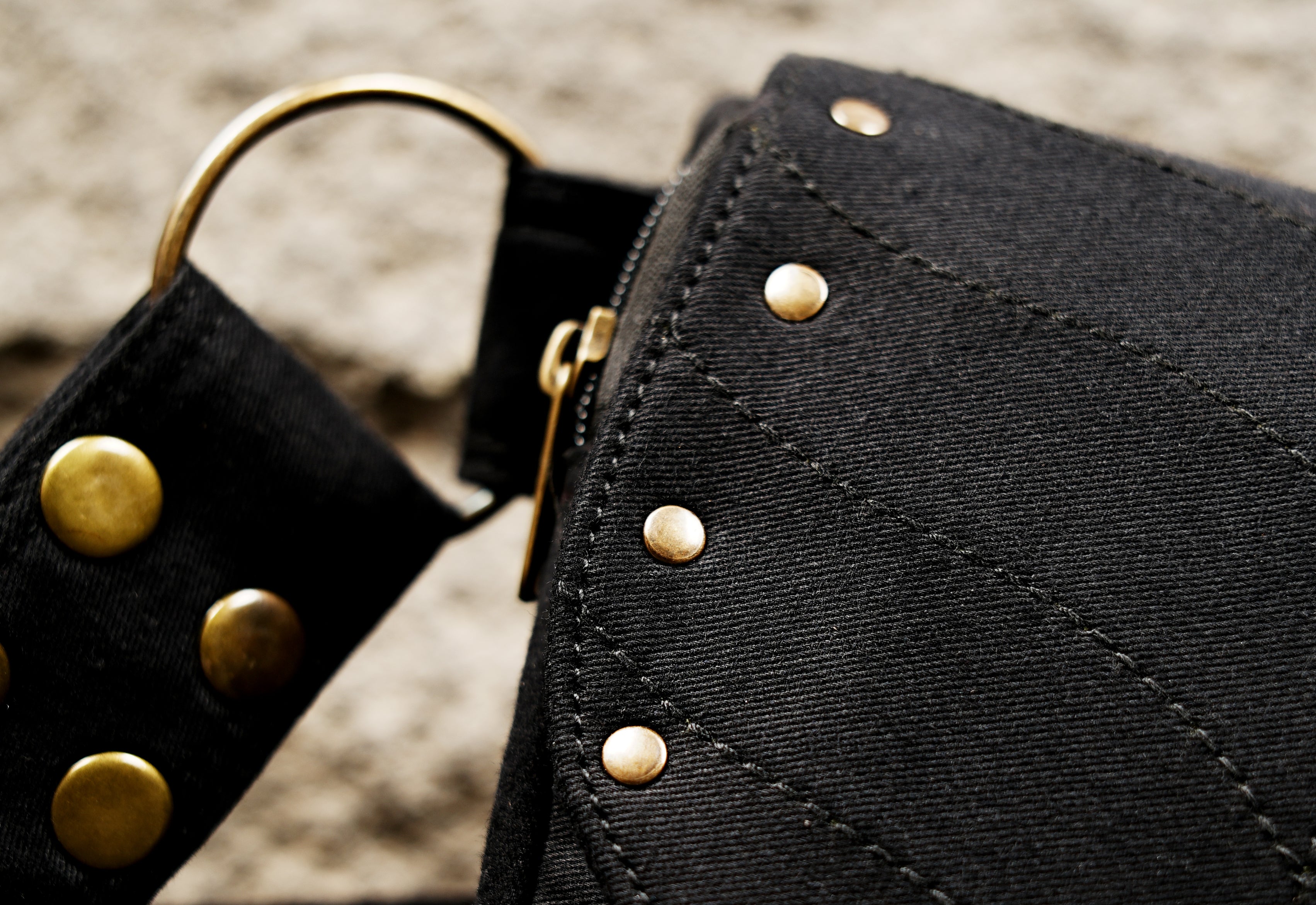 Steampunk style black cotton waist pouch belt with studded flaps